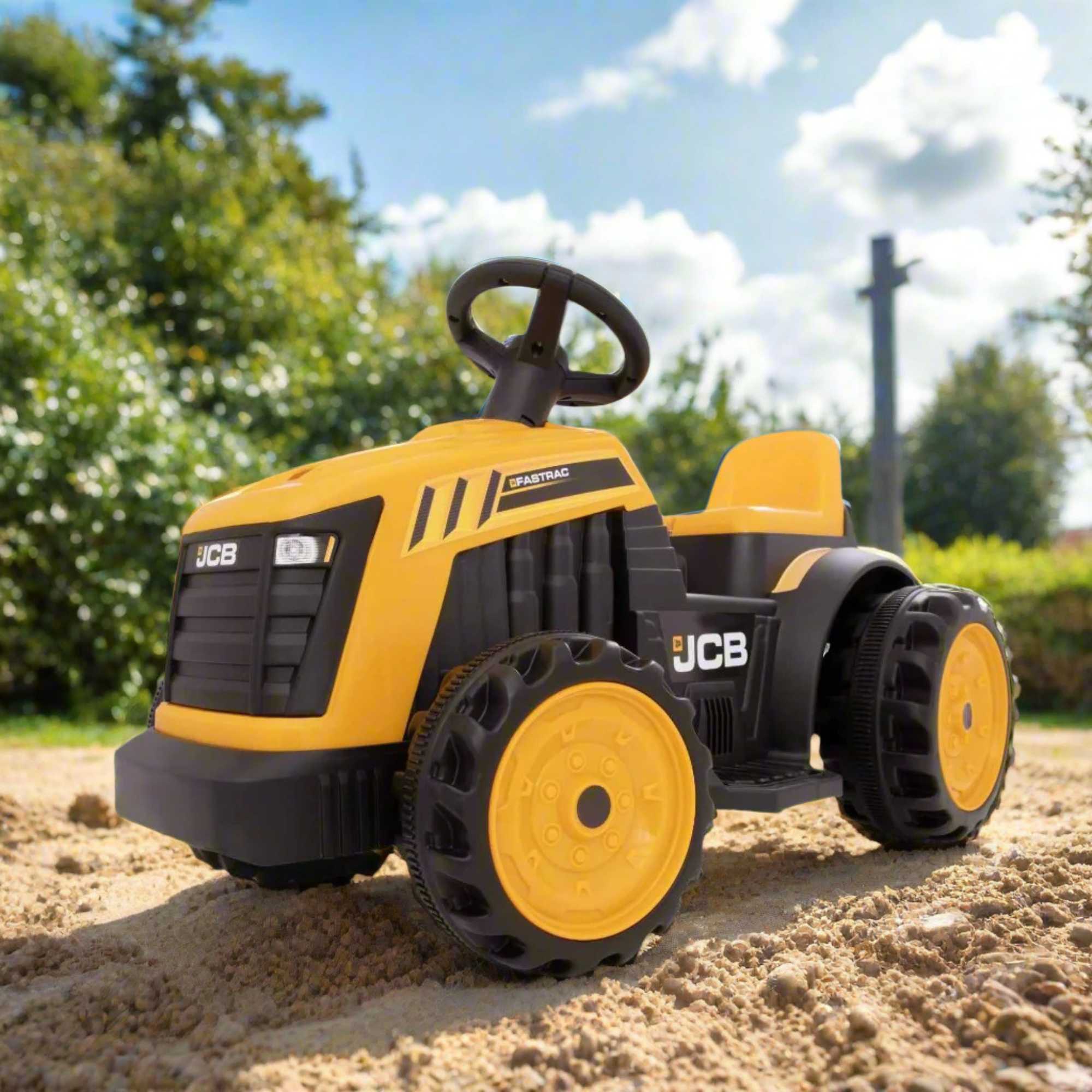 EVO JCB Battery Operated Tractor Ride-On for 2-year-olds, featuring a yellow and black JCB design, battery-powered operation, and a stable, comfortable ride for imaginative farm adventures.