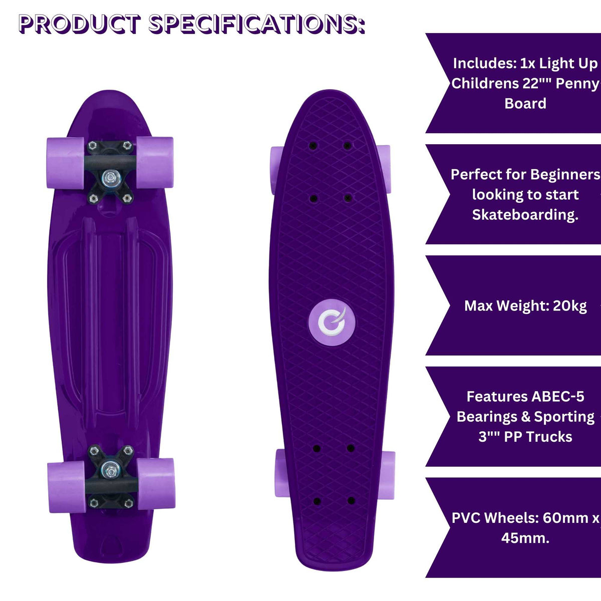 Children’s EVO 22-inch Penny Board with light-up wheels, showcasing a compact design and vibrant retro style, perfect for young riders. The board features a textured grip surface and smooth, illuminated wheels that light up during movement. 