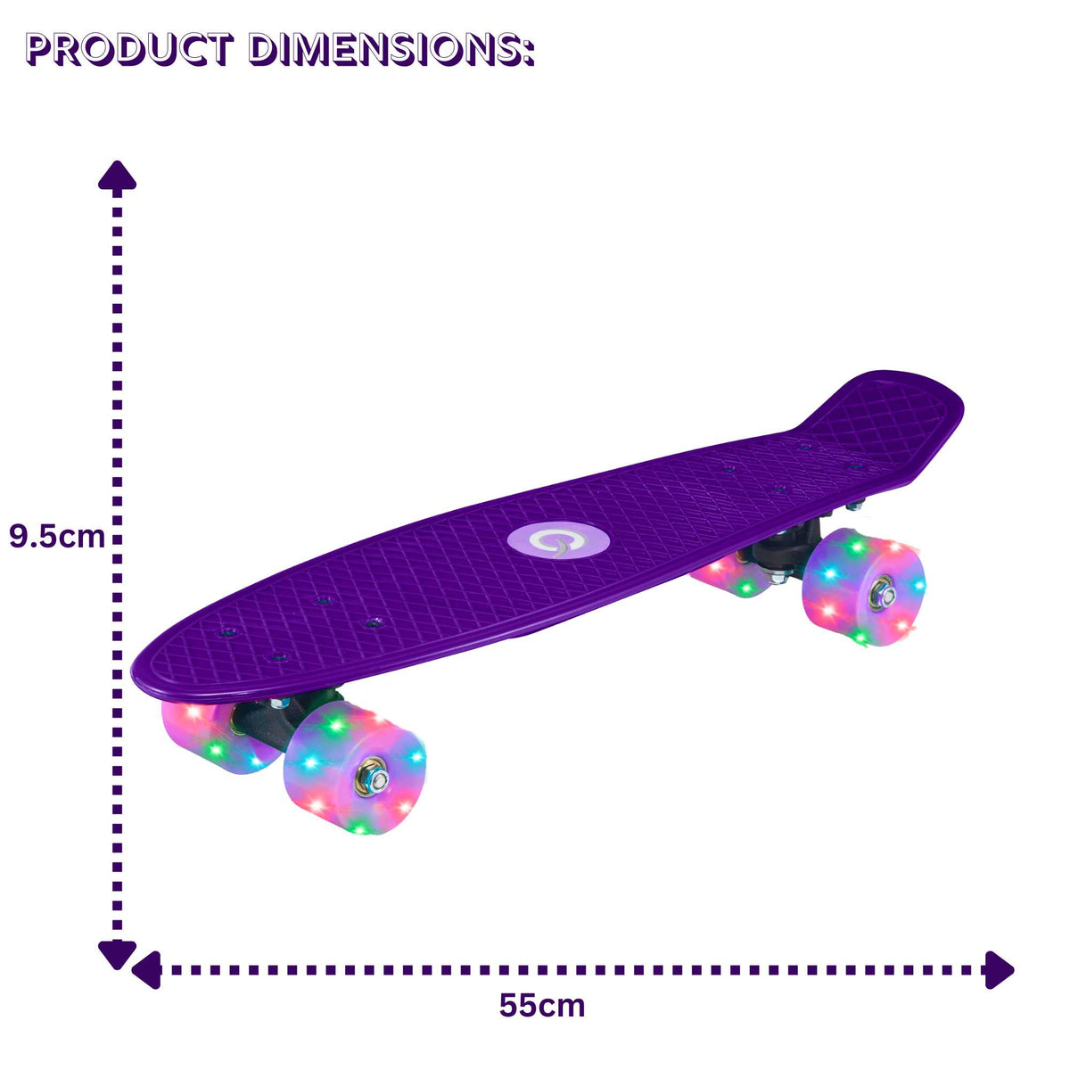 Children’s EVO 22-inch Penny Board with light-up wheels, showcasing a compact design and vibrant retro style, perfect for young riders. The board features a textured grip surface and smooth, illuminated wheels that light up during movement. 