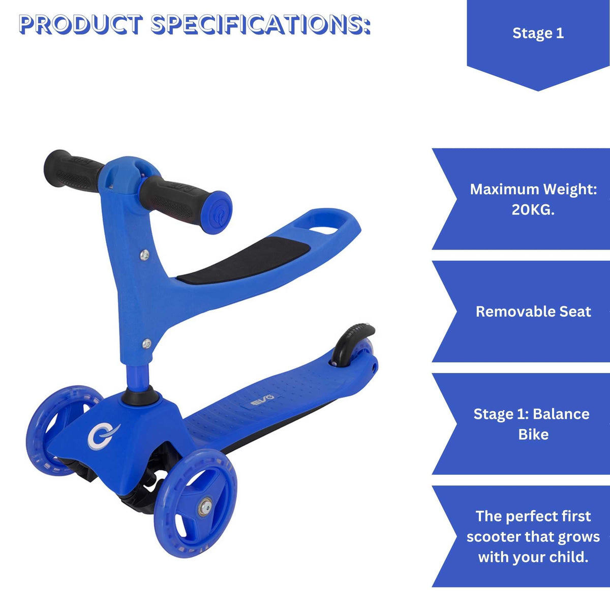 EVO 3 in 1 Cruiser Toddler Ride On &amp; Scooter - Blue Scooters