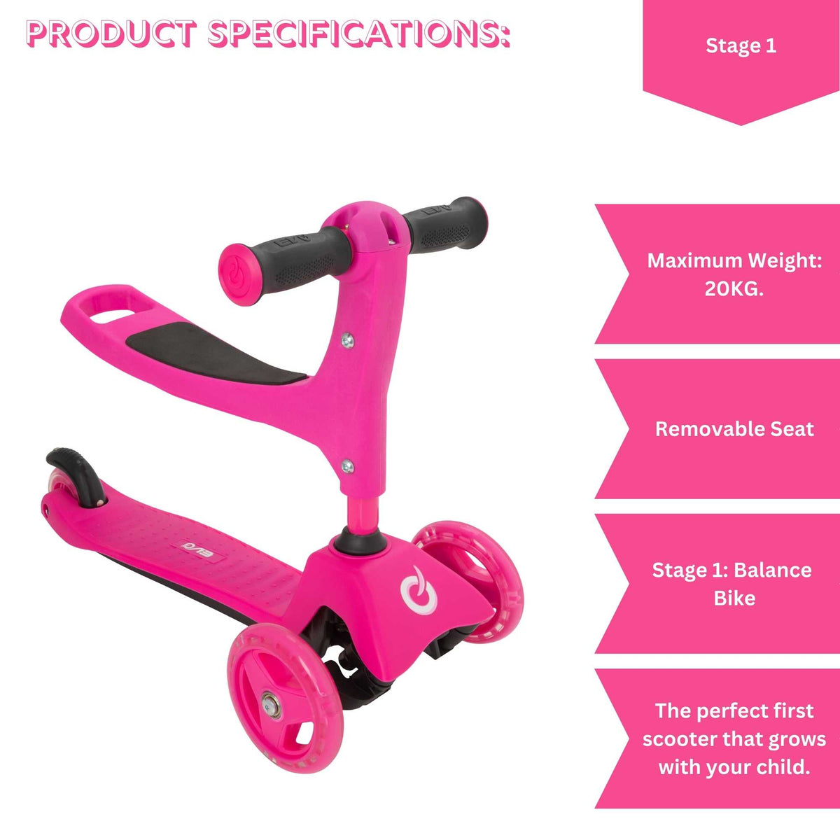 Evo 3 in 1 Cruiser Toddler Ride On &amp; Scooter - Pink Scooters