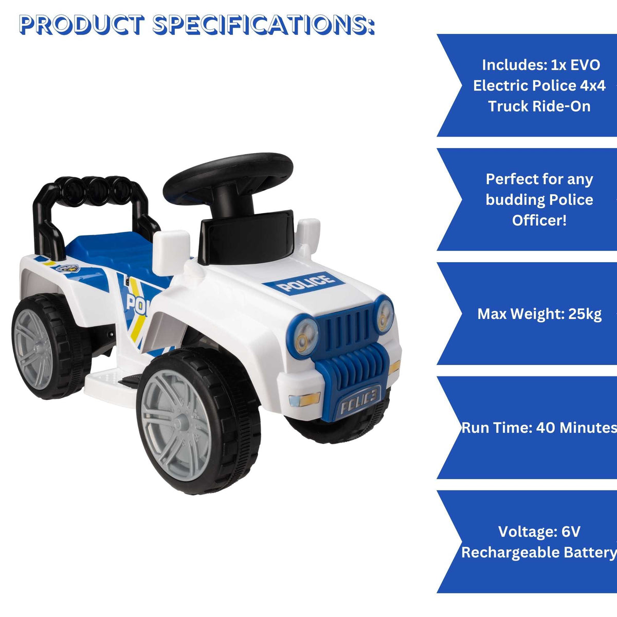EVO Electric Ride On Police 4x4 Truck Electric Ride Ons