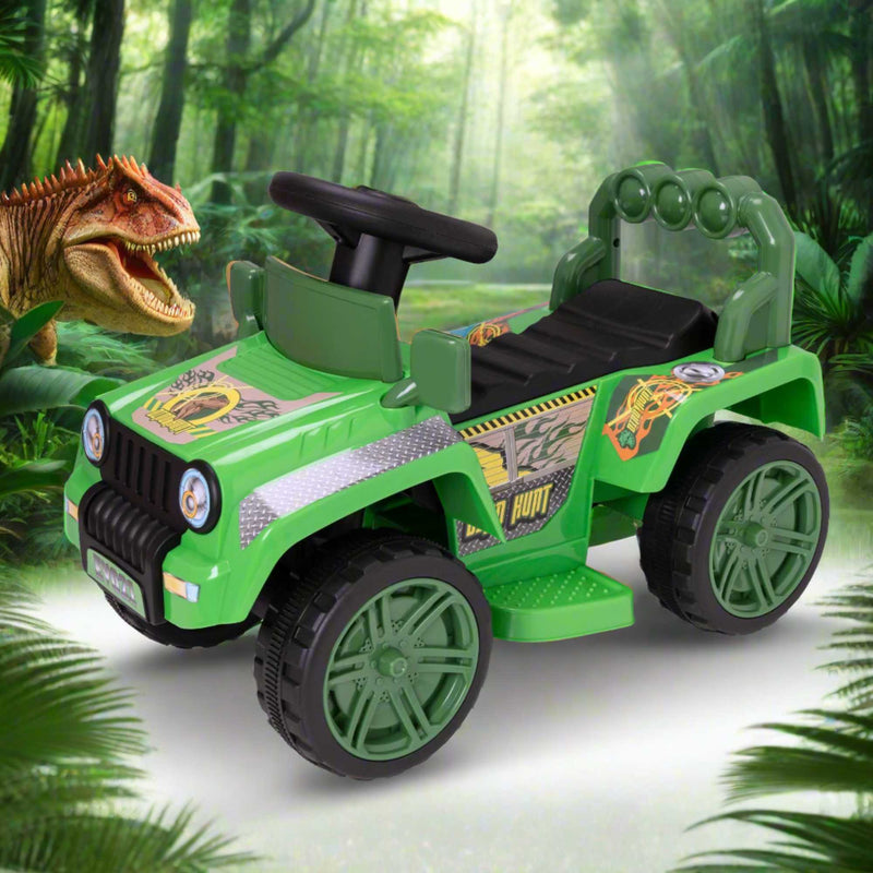 A rugged EVO Electric 4x4 Dinosaur Truck Toy. The truck is shown navigating through a rocky outdoor landscape, demonstrating its powerful and durable build.