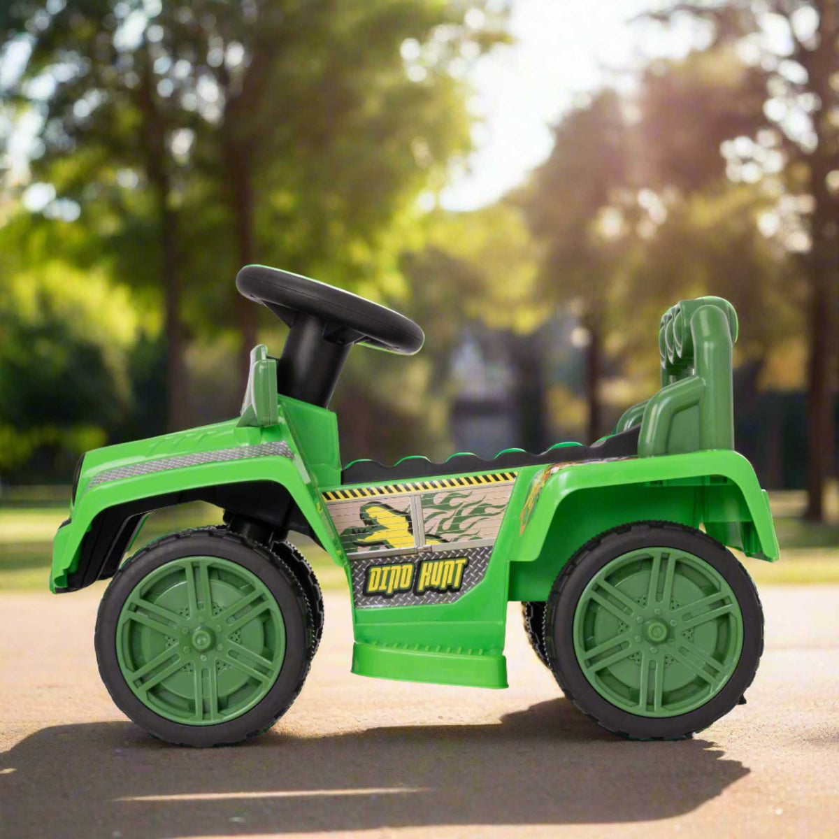 A rugged EVO Electric 4x4 Dinosaur Truck Toy. The truck is shown navigating through a rocky outdoor landscape, demonstrating its powerful and durable build.