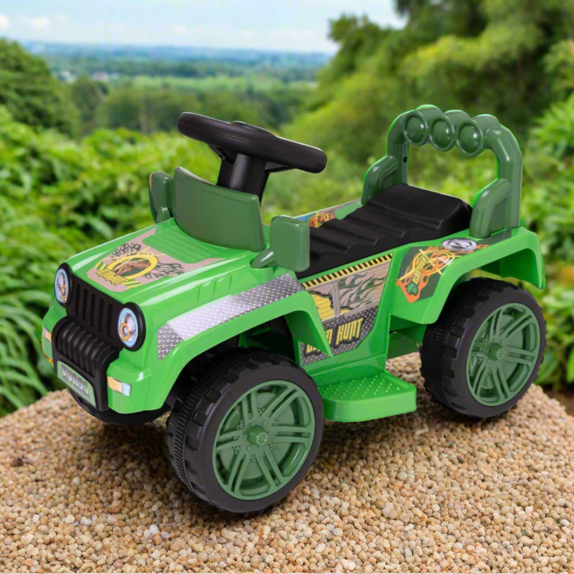 A rugged EVO Electric 4x4 Dinosaur Truck Toy. The truck is shown navigating through a rocky outdoor landscape, demonstrating its powerful and durable build.