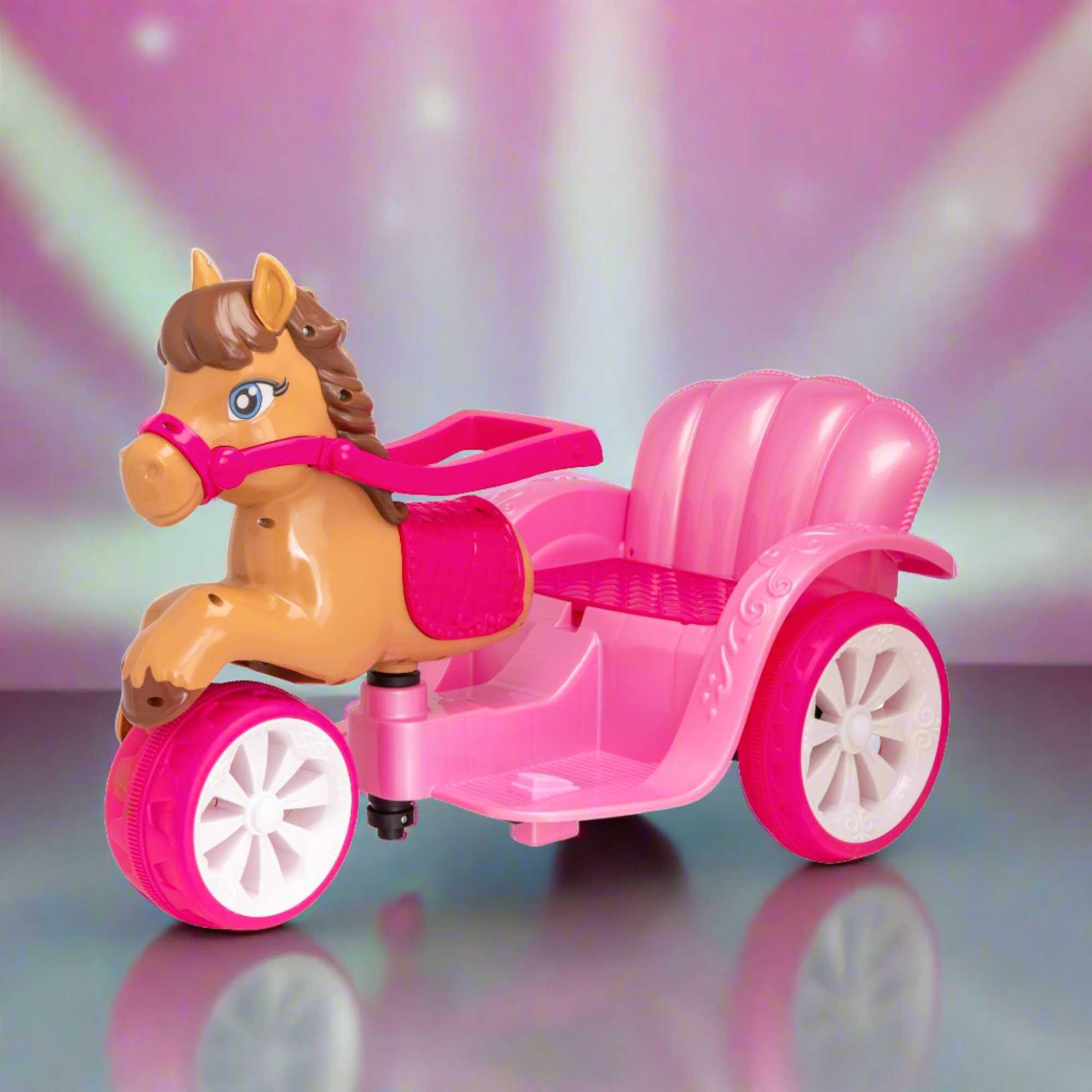 A whimsical EVO Electric Pony Carriage Ride-On Toy. The toy is shown in an outdoor garden setting, highlighting its enchanting design and sturdy construction.