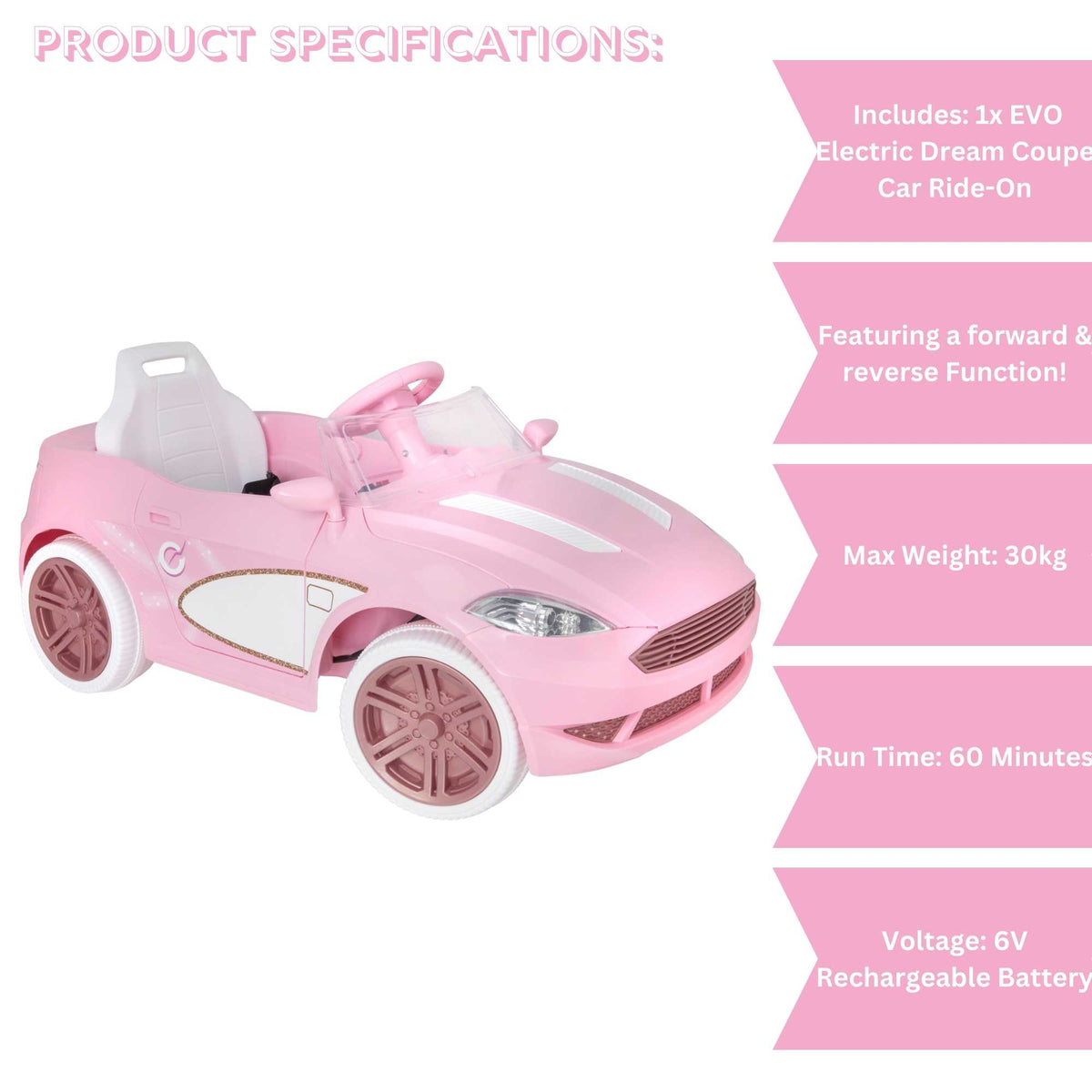 Pink EVO Dream Coupe Car Ride-On Toy for children aged 3+, featuring pedal-driven forward and reverse motion, working headlights, and authentic engine and horn sounds