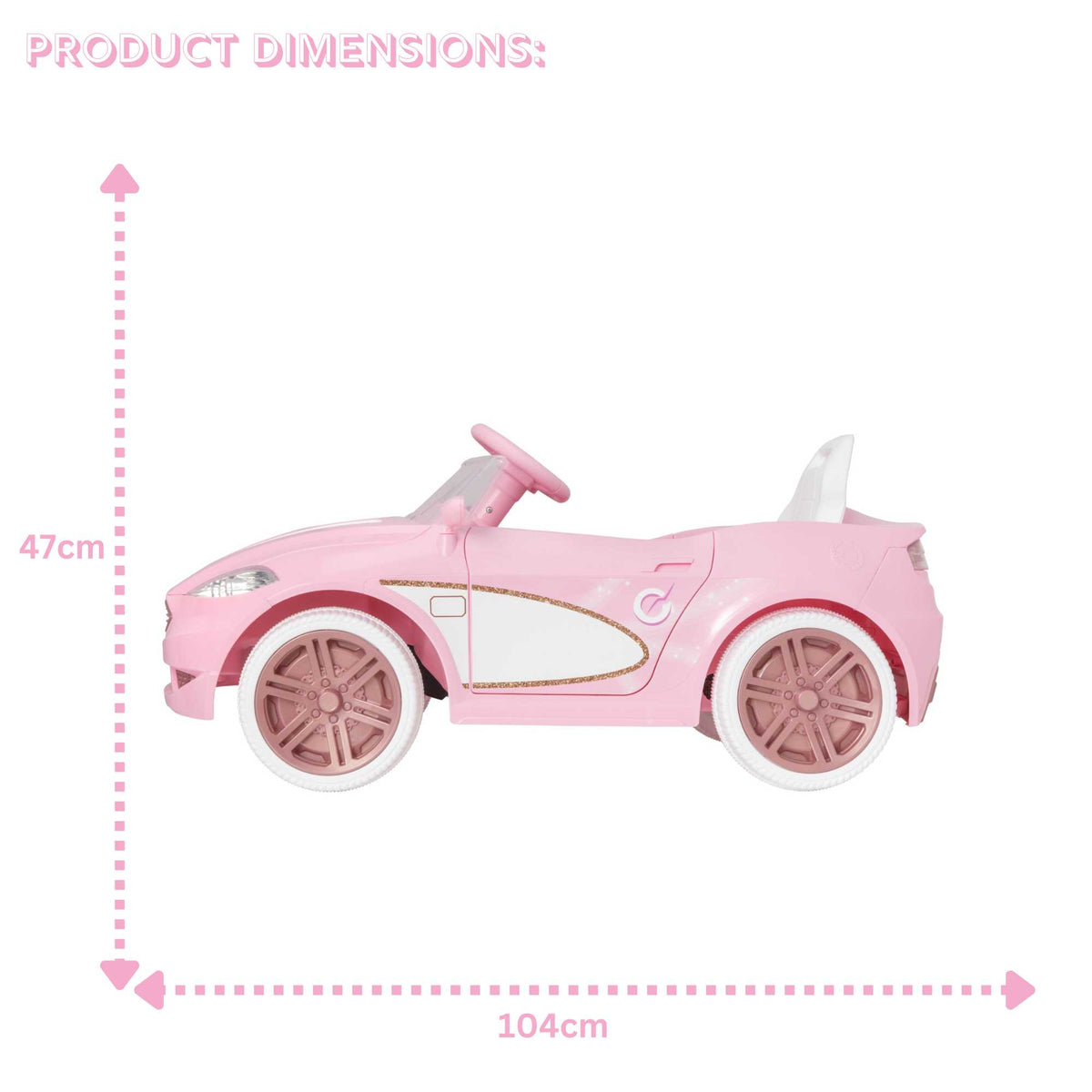 Pink EVO Dream Coupe Car Ride-On Toy for children aged 3+, featuring pedal-driven forward and reverse motion, working headlights, and authentic engine and horn sounds