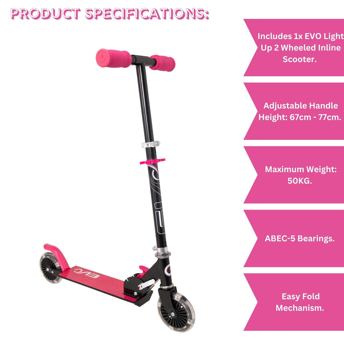 EVO Children&#39;s Light Up Inline Scooter for Kids Ages 5 and Up with LED Wheels and Adjustable Handlebar, perfect for enhancing motor skills and outdoor fun.