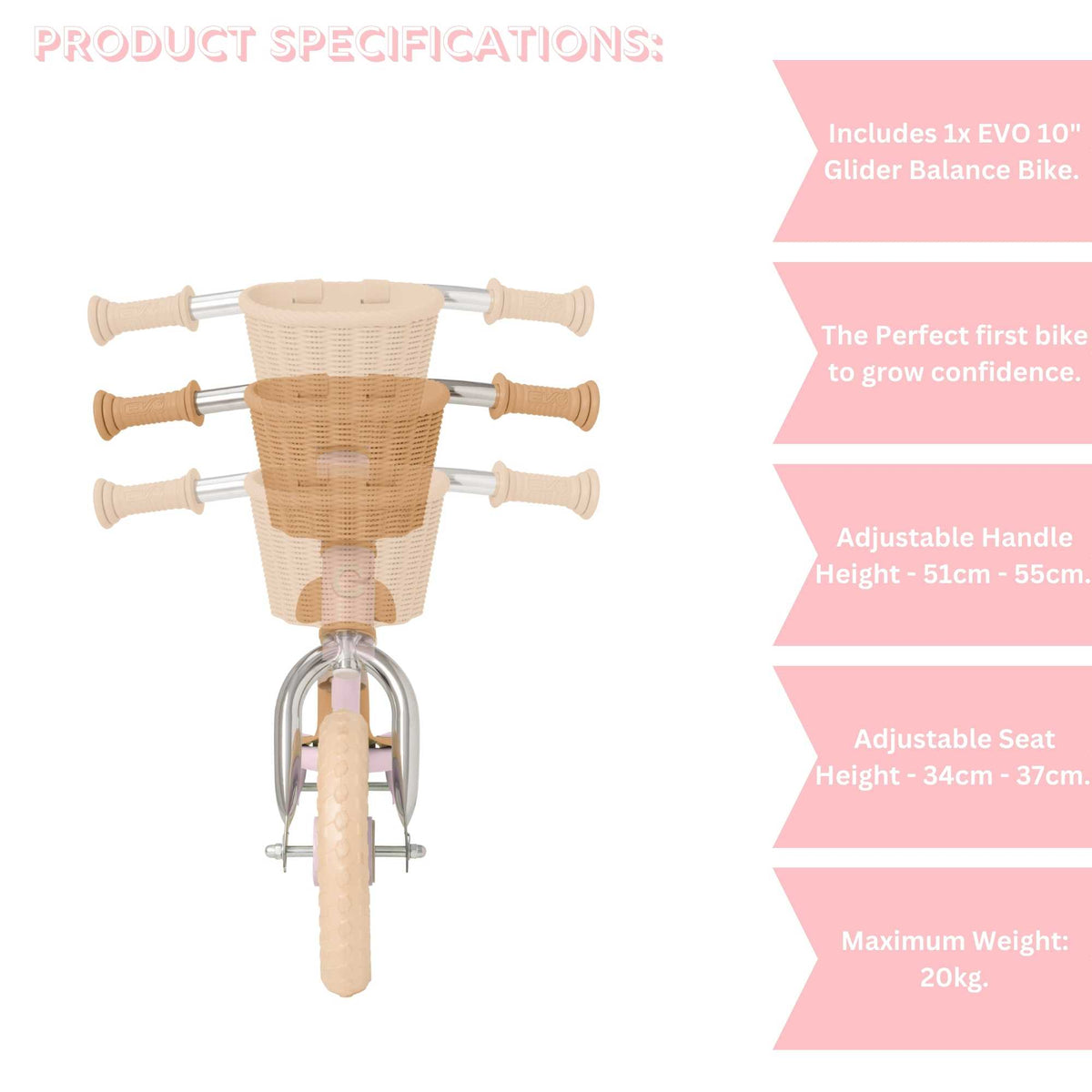 EVO 10&quot; Glider Balance Bike With Basket - Pink Balance Bike