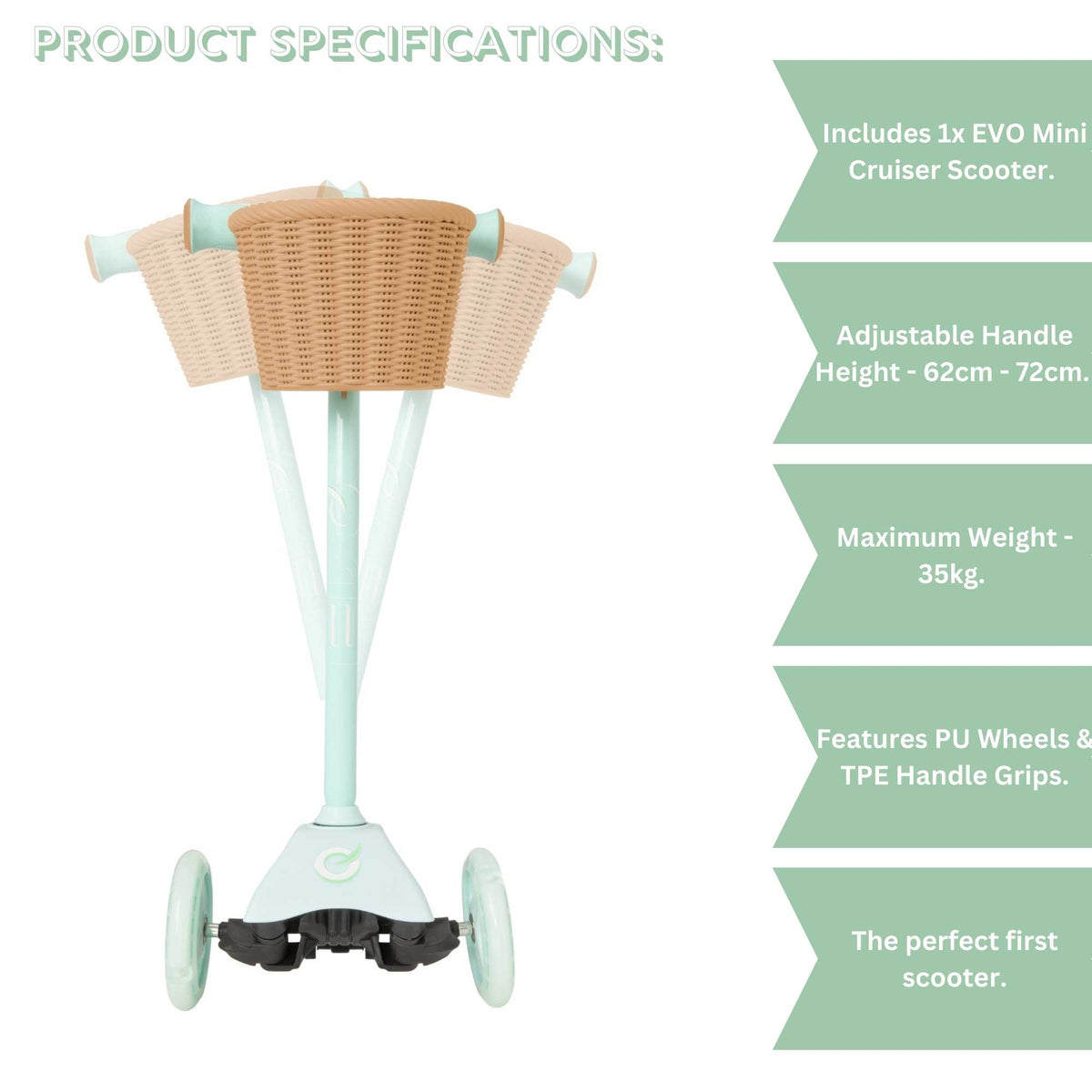 EVO Mini Cruiser Scooter With Basket - Mint Green Scooters