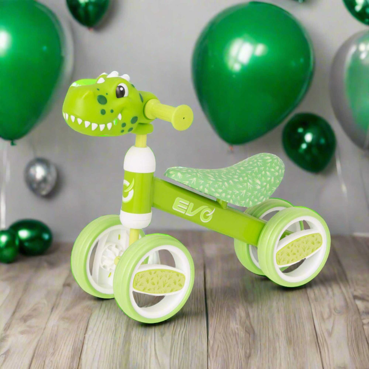 Fun and colourful EVO Character Heads Bobble Bike featuring adorable Unicorn and Dino designs for kids, perfect for teaching children balance and coordination.