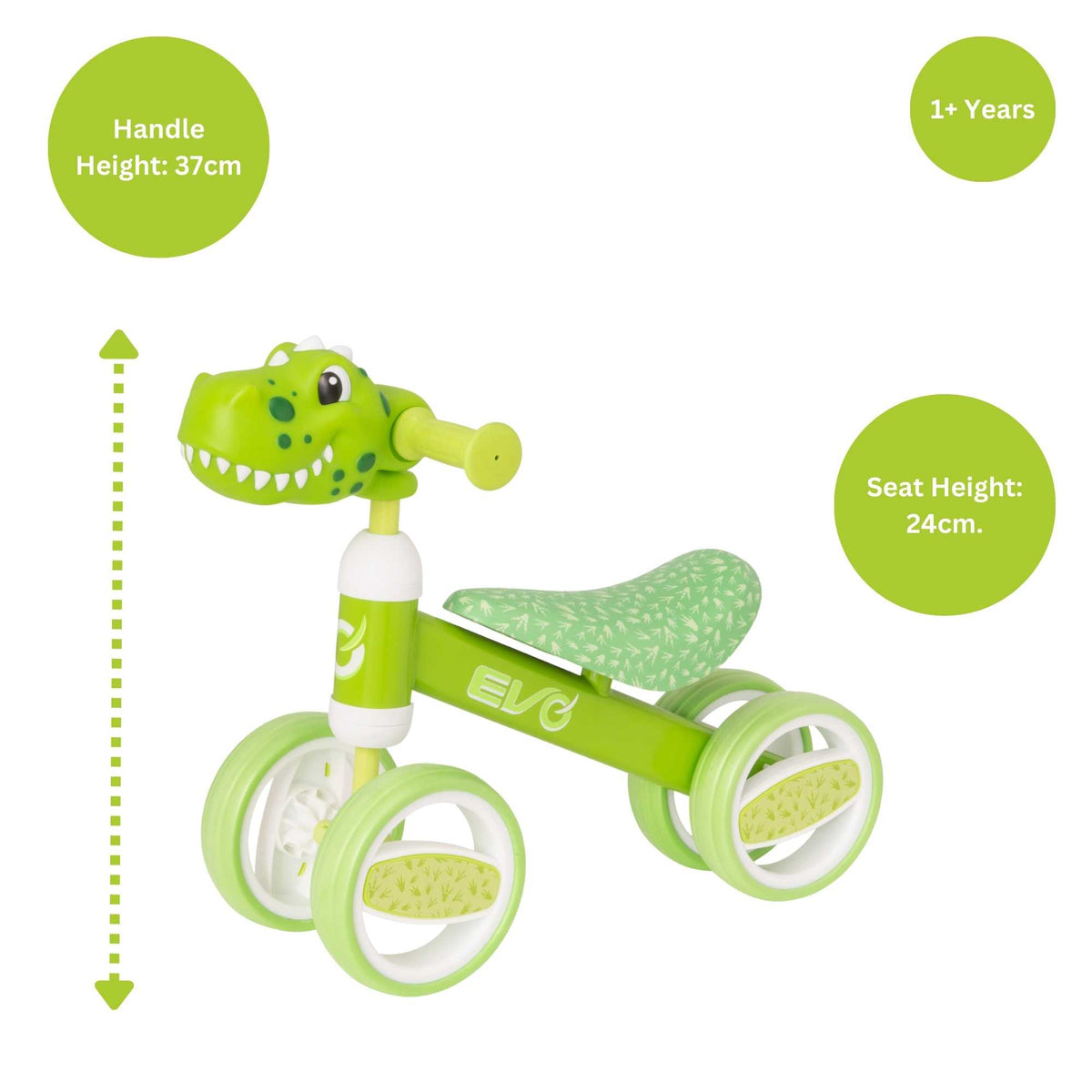 Fun and colourful EVO Character Heads Bobble Bike featuring adorable Unicorn and Dino designs for kids, perfect for teaching children balance and coordination.