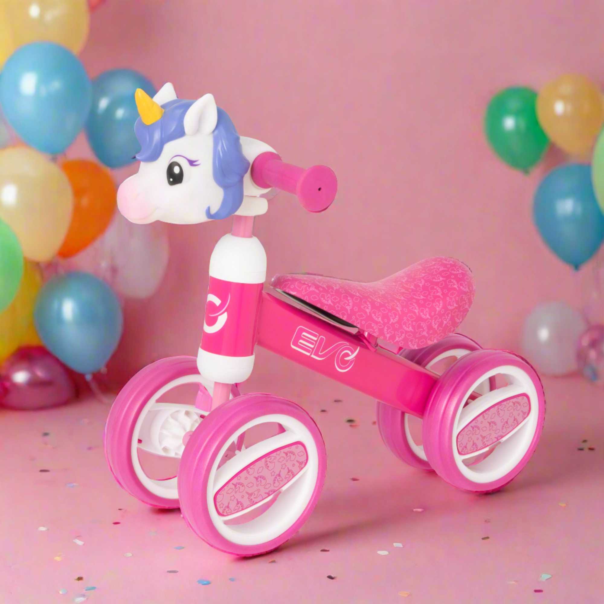 Fun and colourful EVO Character Heads Bobble Bike featuring adorable Unicorn and Dino designs for kids, perfect for teaching children balance and coordination.