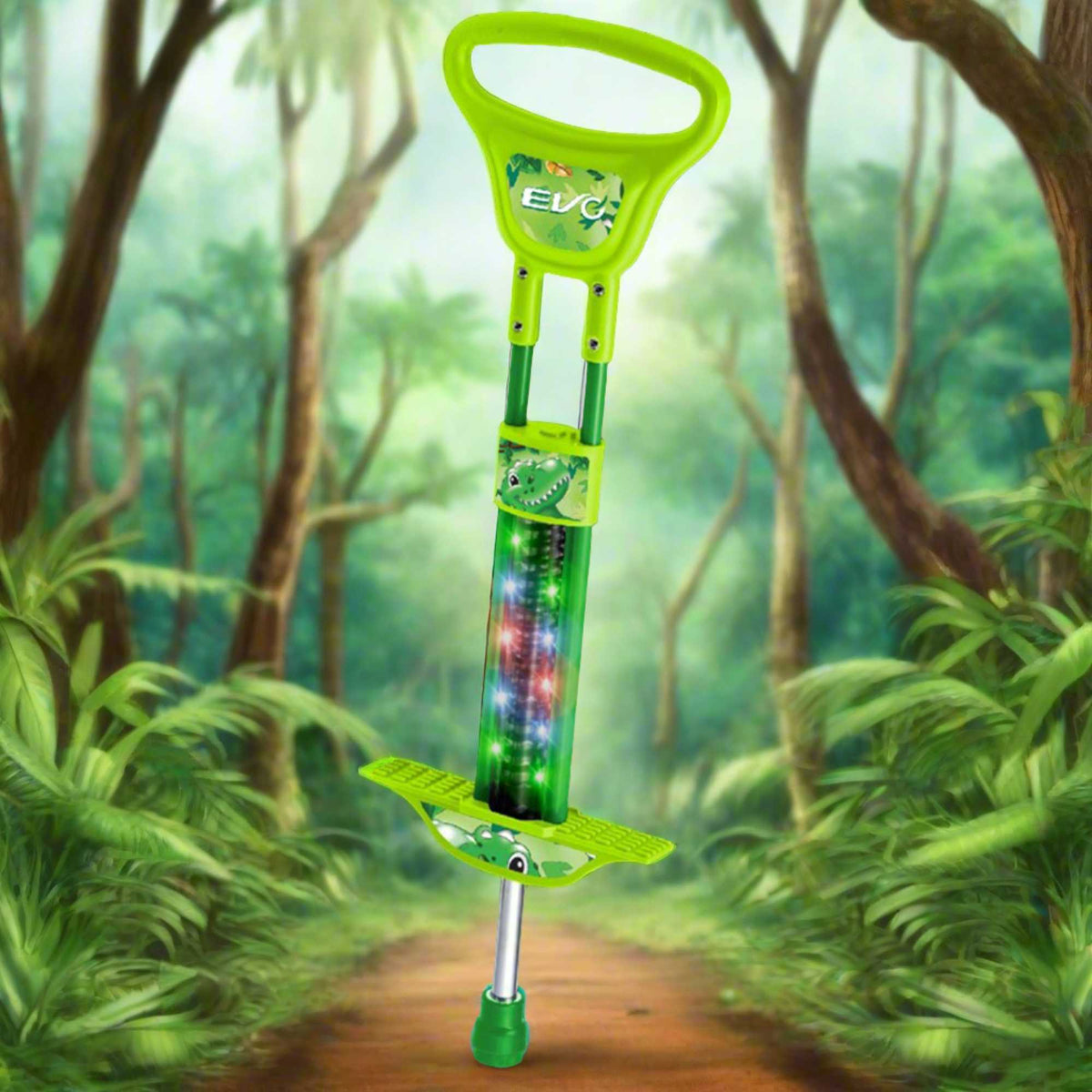 EVO Light Up Pogo Stick featuring bright colorful lights, sturdy frame, non-slip footpads, and comfortable handlebars, perfect for kids&#39; active outdoor play and exercise.