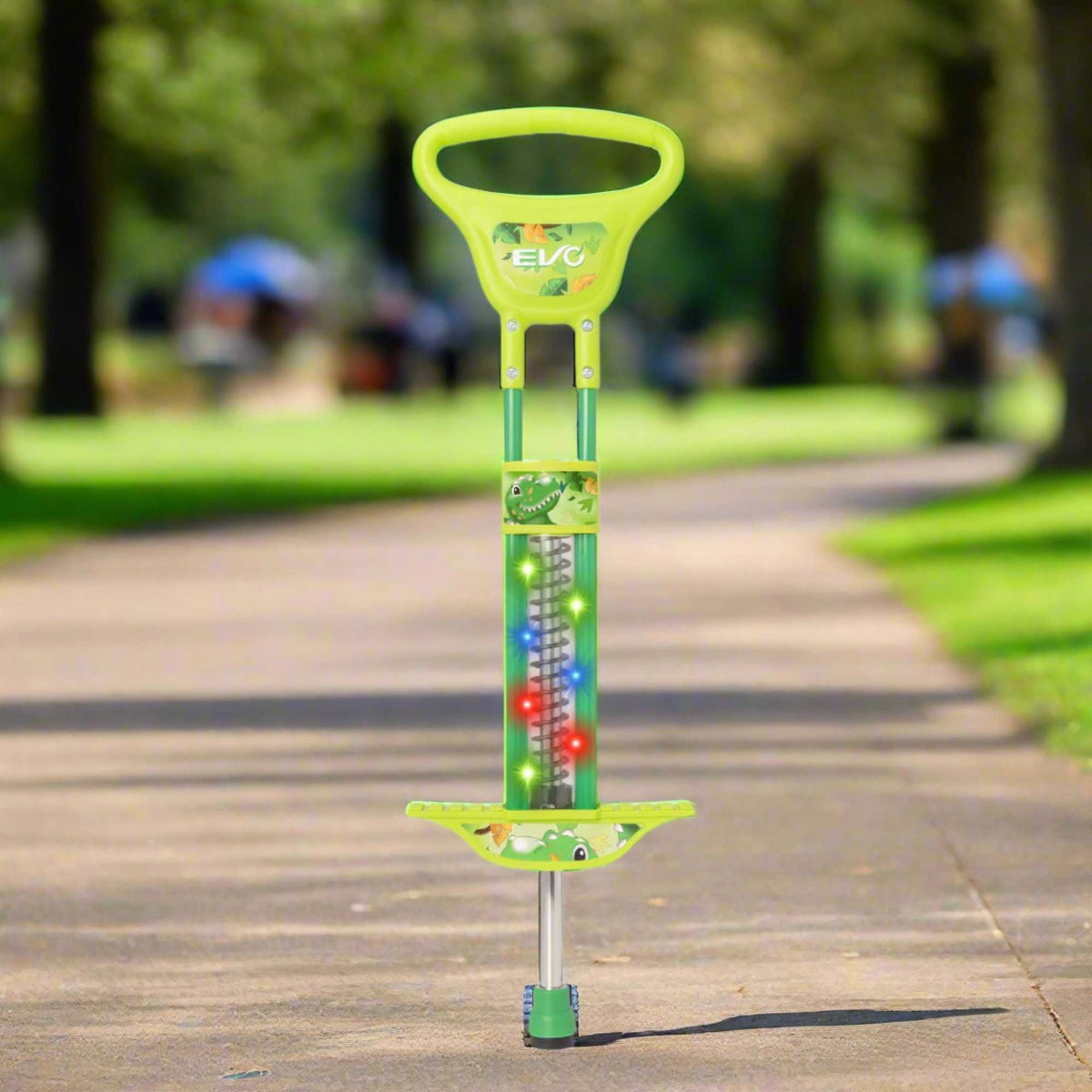 EVO Light Up Pogo Stick featuring bright colourful lights, sturdy frame, non-slip footpads, and comfortable handlebars, perfect for kids&#39; active outdoor play and exercise.