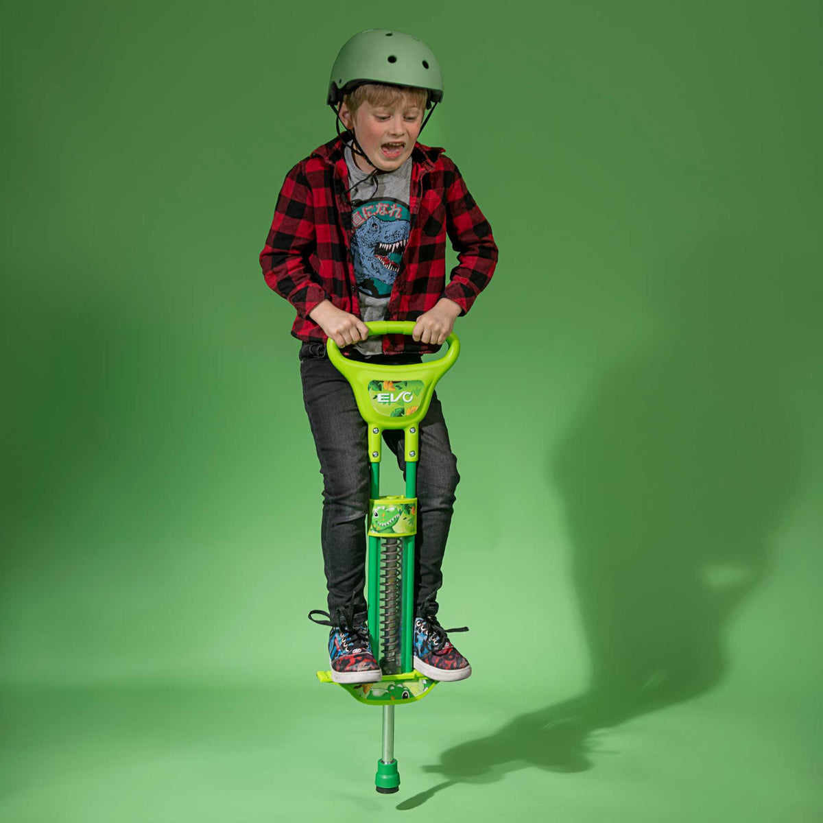 EVO Light Up Pogo Stick featuring bright colourful lights, sturdy frame, non-slip footpads, and comfortable handlebars, perfect for kids&#39; active outdoor play and exercise.