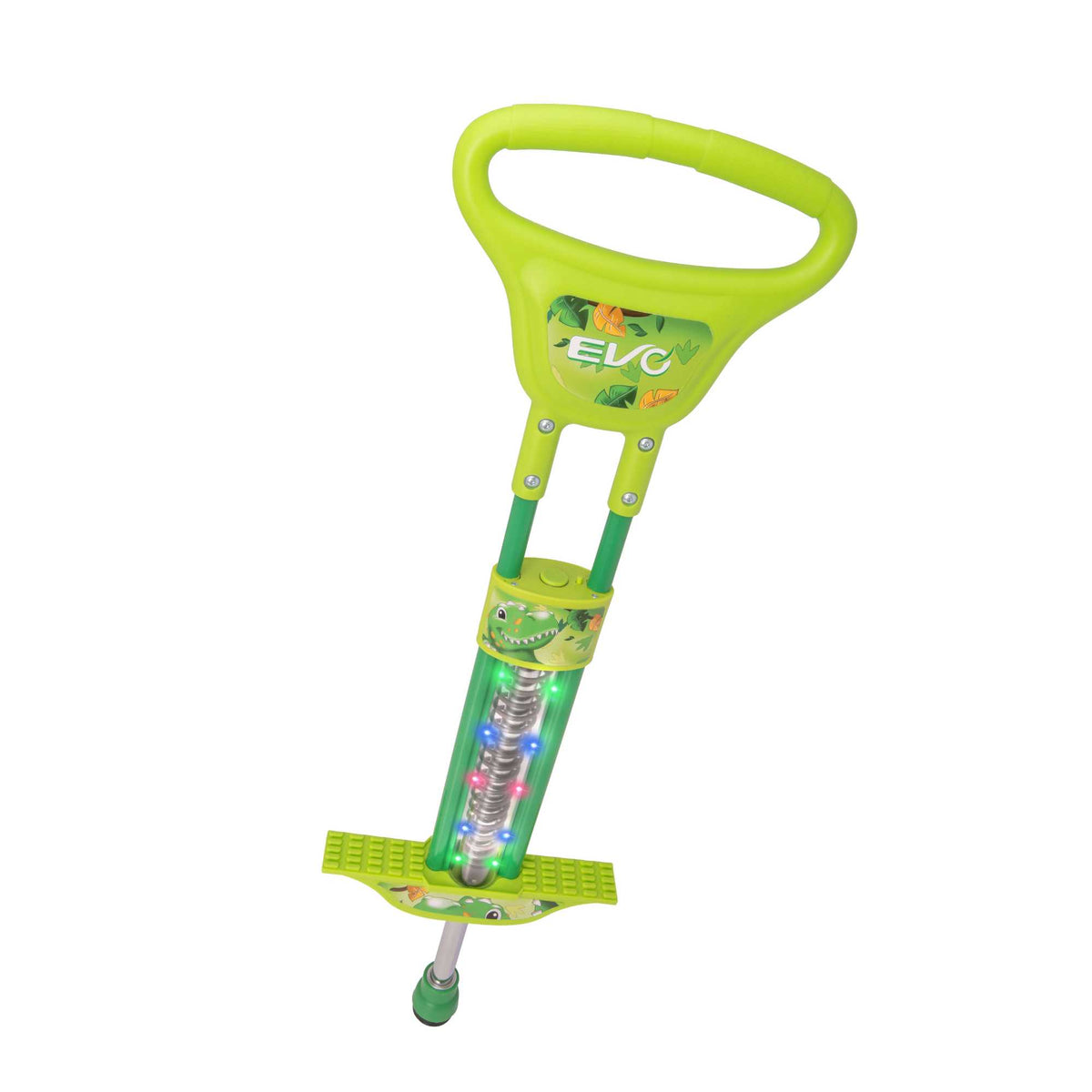 EVO Light Up Pogo Stick featuring bright colourful lights, sturdy frame, non-slip footpads, and comfortable handlebars, perfect for kids&#39; active outdoor play and exercise.