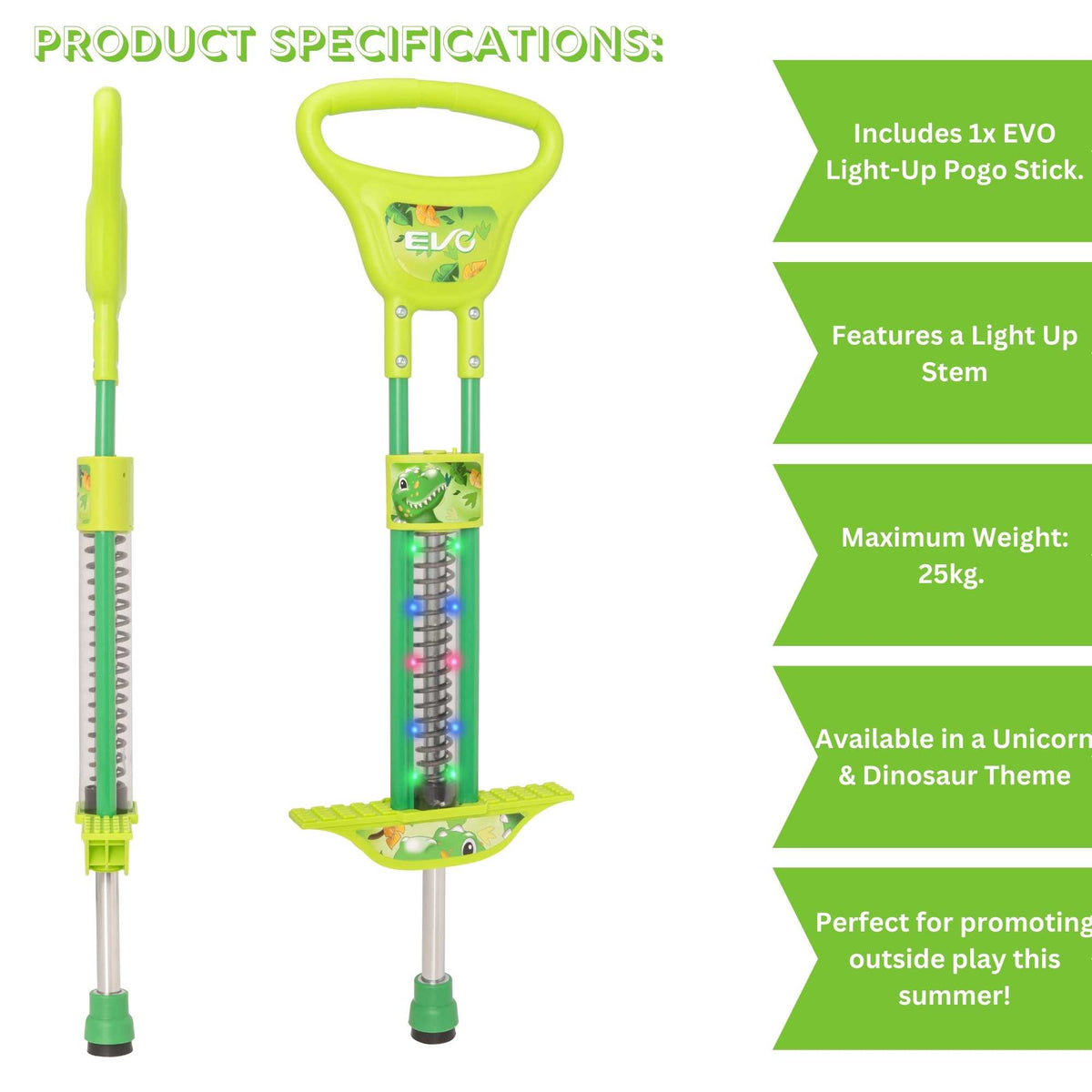 EVO Light Up Pogo Stick featuring bright colourful lights, sturdy frame, non-slip footpads, and comfortable handlebars, perfect for kids&#39; active outdoor play and exercise.