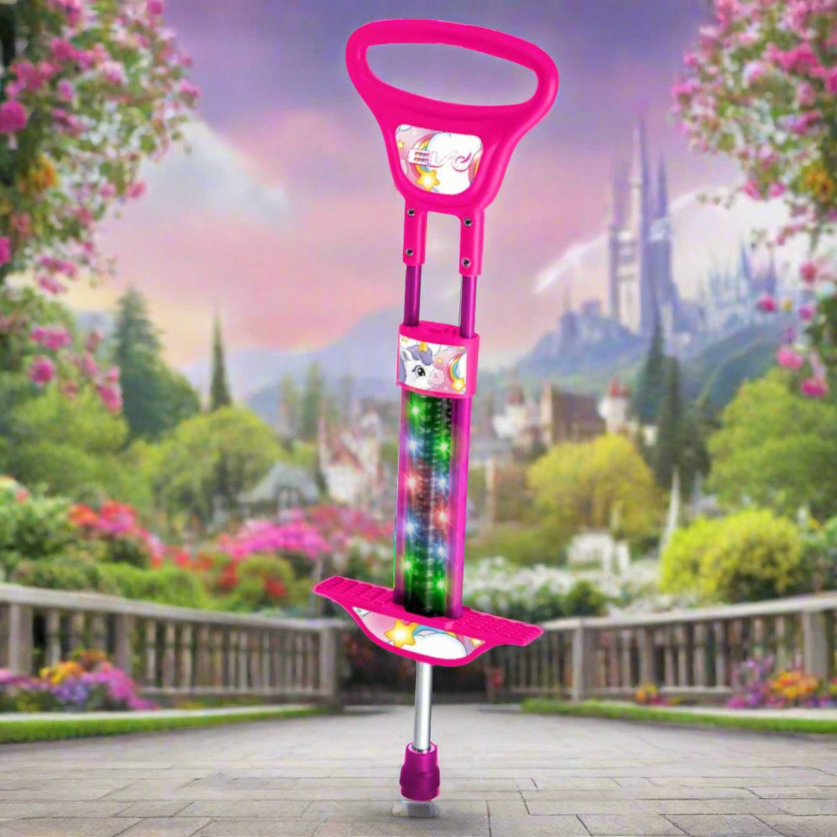 EVO Light Up Pogo Stick featuring bright colorful lights, sturdy frame, non-slip footpads, and comfortable handlebars, perfect for kids&#39; active outdoor play and exercise.