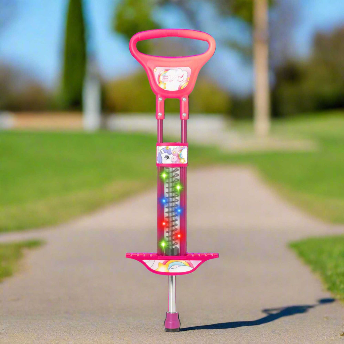 EVO Light Up Pogo Stick featuring bright colourful lights, sturdy frame, non-slip footpads, and comfortable handlebars, perfect for kids&#39; active outdoor play and exercise.