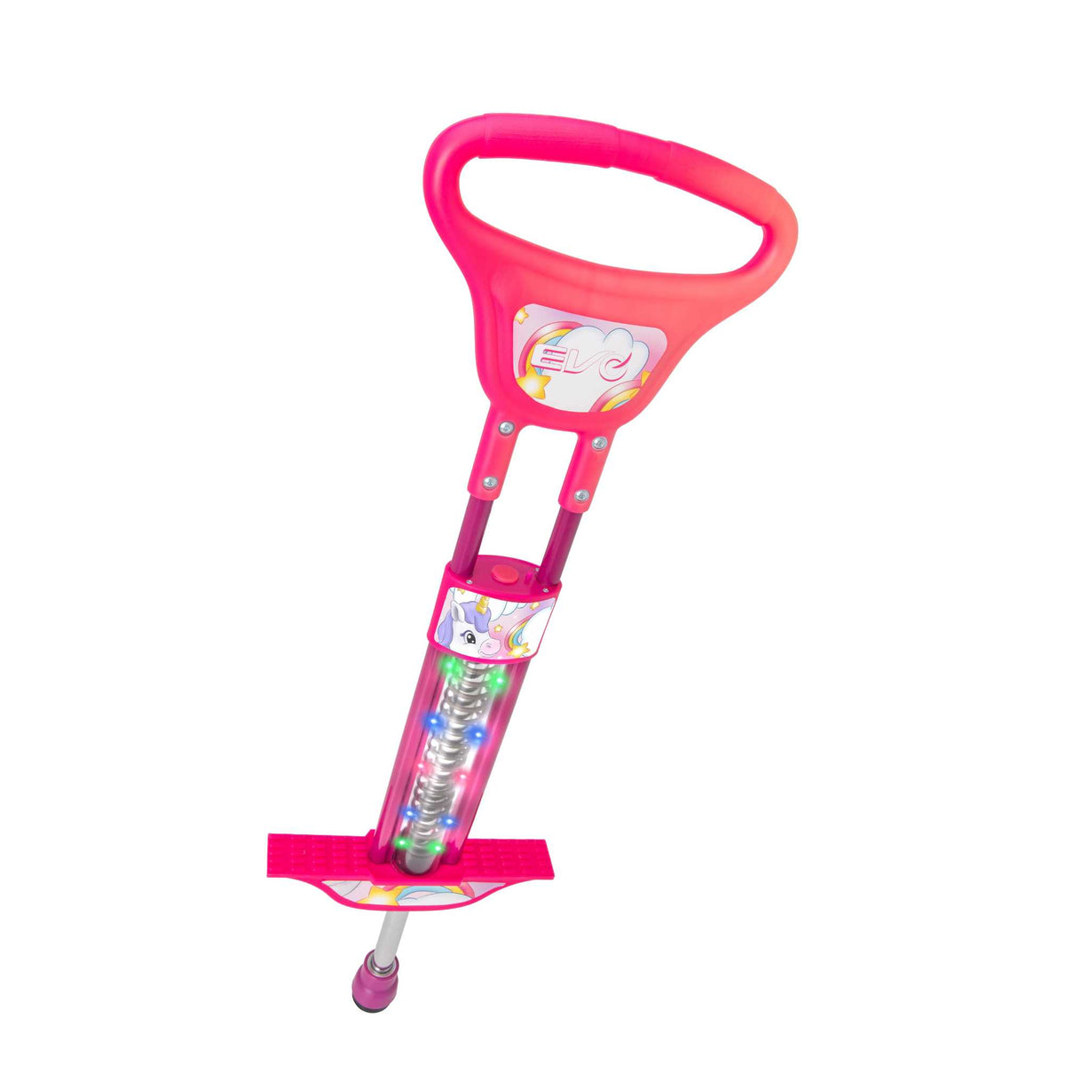 EVO Light Up Pogo Stick featuring bright colourful lights, sturdy frame, non-slip footpads, and comfortable handlebars, perfect for kids&#39; active outdoor play and exercise.