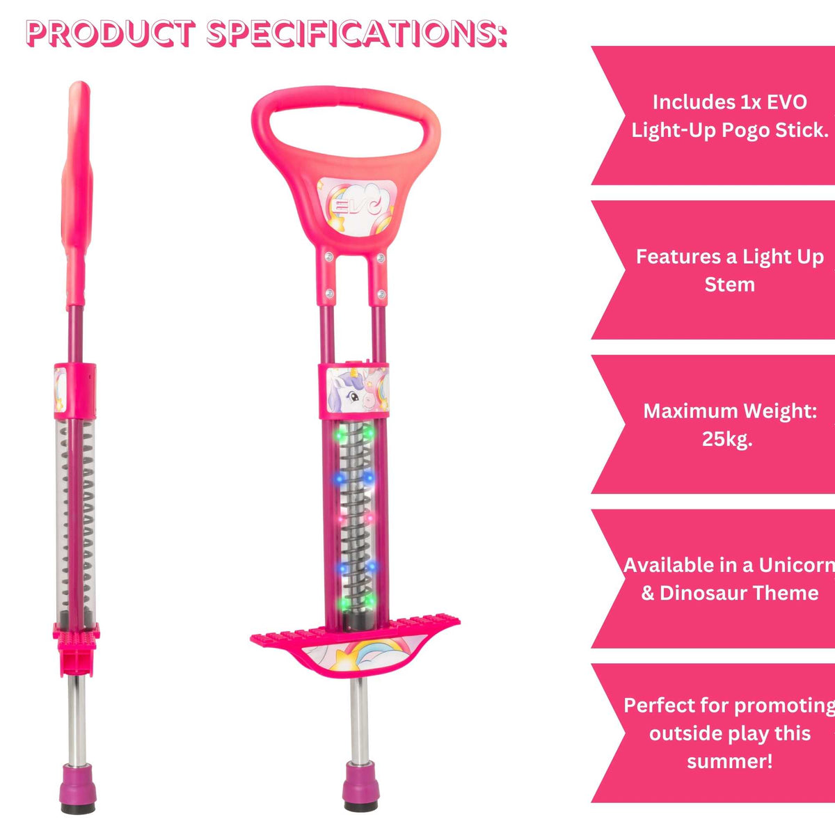 EVO Light Up Pogo Stick featuring bright colourful lights, sturdy frame, non-slip footpads, and comfortable handlebars, perfect for kids&#39; active outdoor play and exercise.