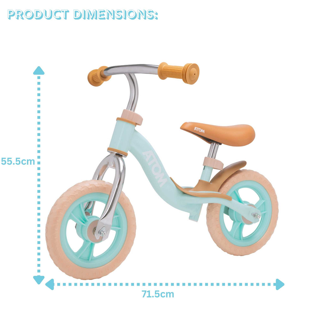 ATOM 10-inch Glider Bike in Mint Green, lightweight kids&#39; balance bicycle with adjustable seat and handlebars