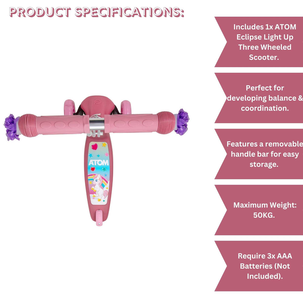 ATOM Eclipse Kids 3 Wheeled Scooter in magical unicorn theme, showcasing a sturdy design, colorful unicorn graphics, and a fun, kid-friendly style perfect for young riders