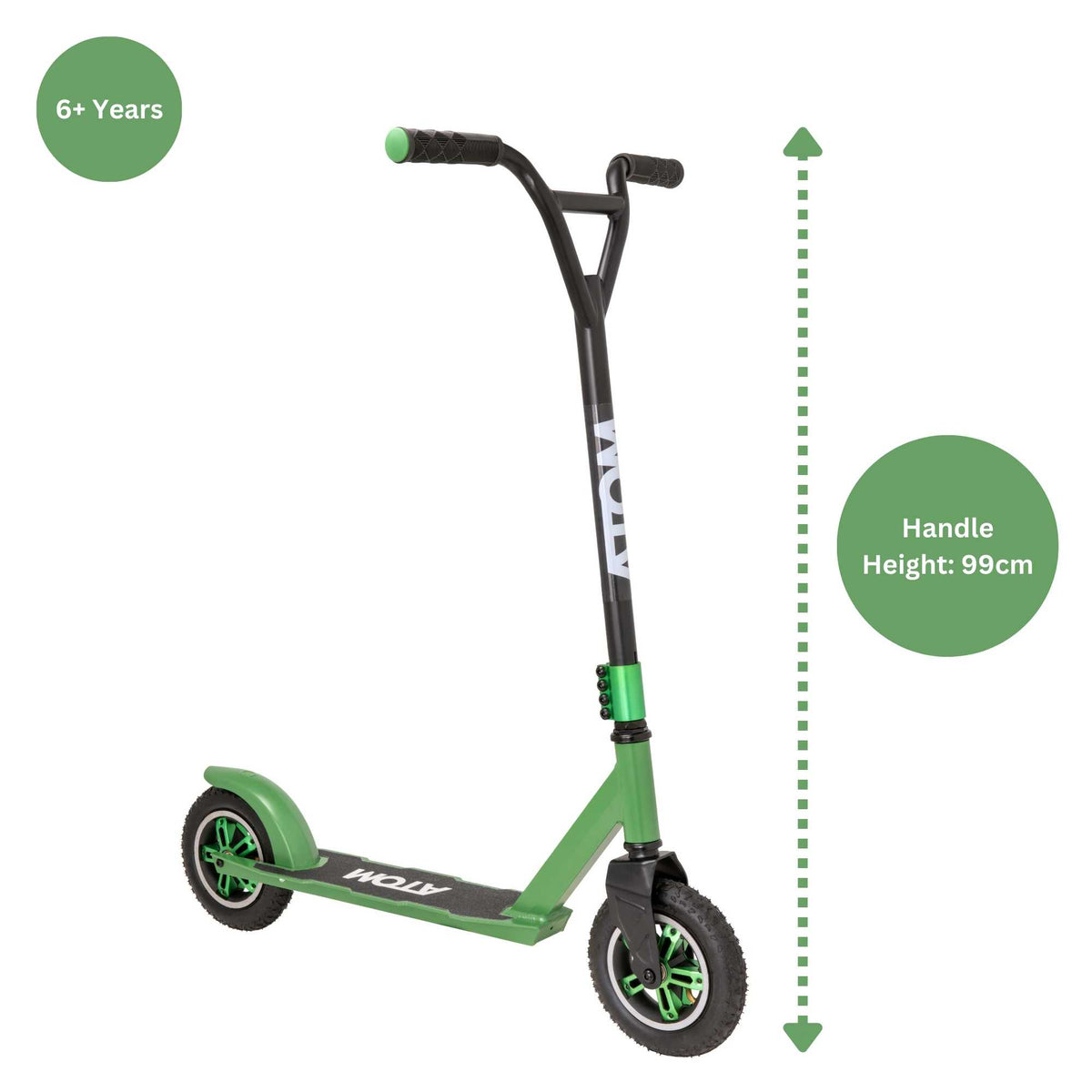 ATOM Dirt Rider Scooter in Green, durable off-road scooter designed for rugged terrains and adventurous ride