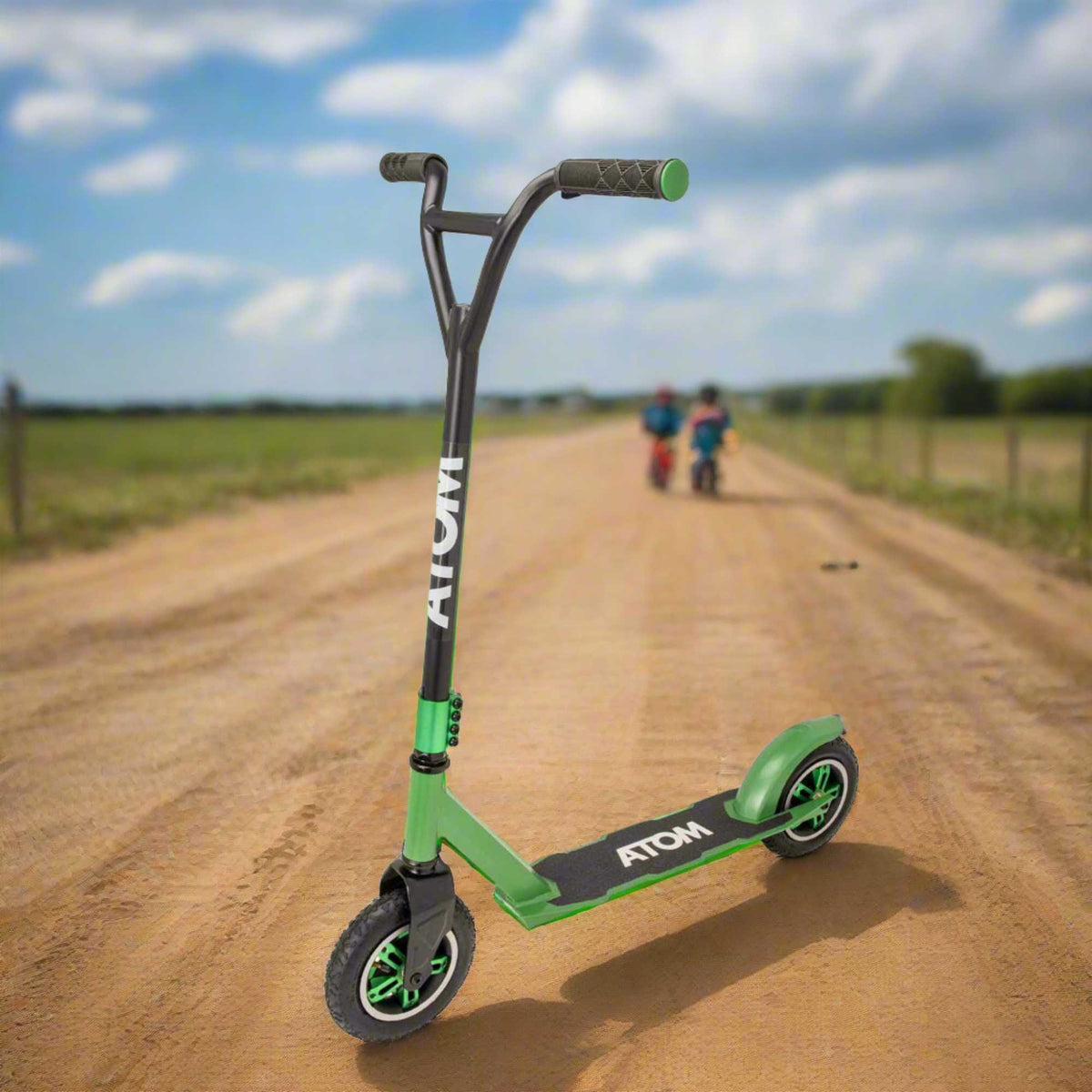 ATOM Dirt Rider Scooter in Green, durable off-road scooter designed for rugged terrains and adventurous rides