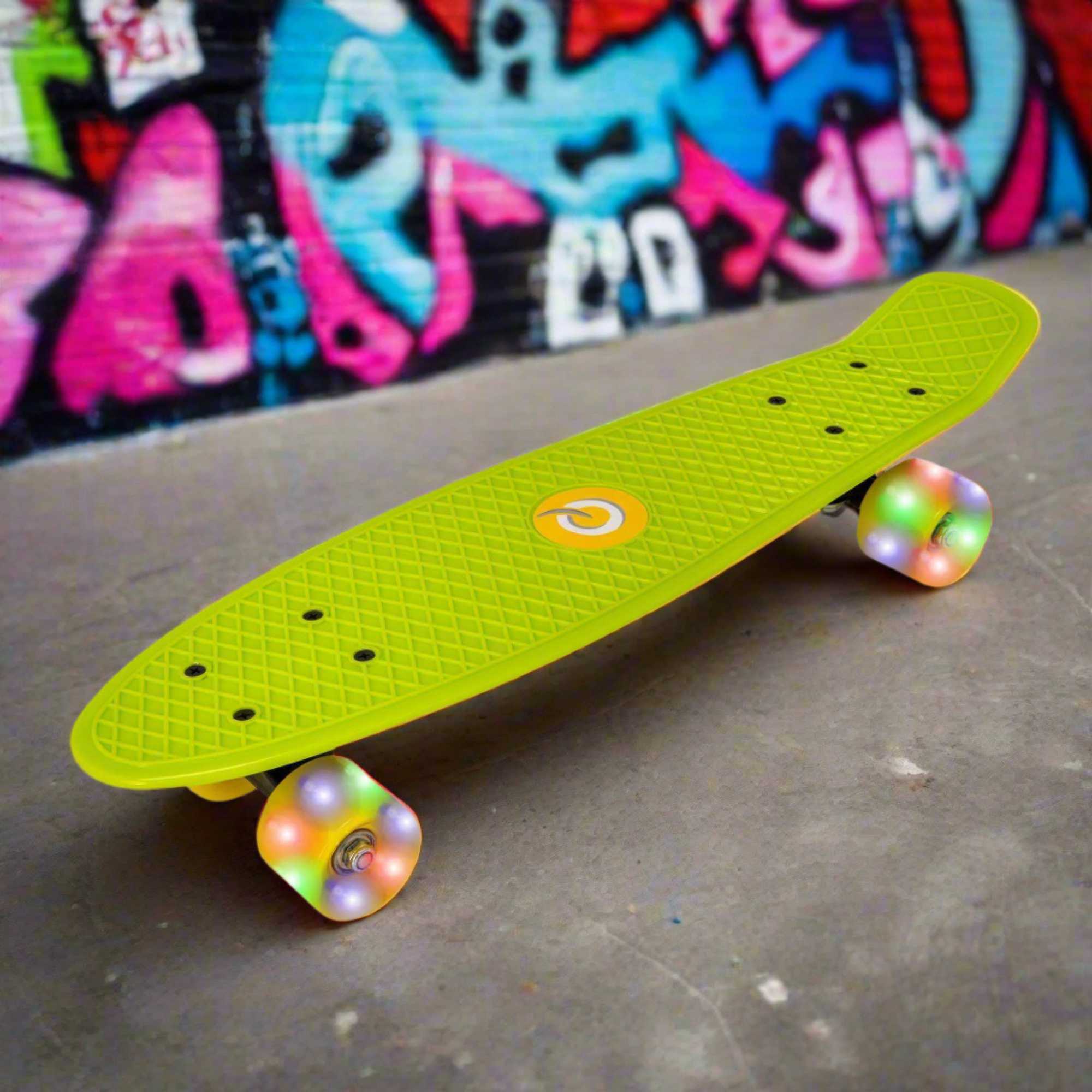 Children’s EVO 22-inch Penny Board with light-up wheels, showcasing a compact design and vibrant retro style, perfect for young riders. The board features a textured grip surface and smooth, illuminated wheels that light up during movement. 