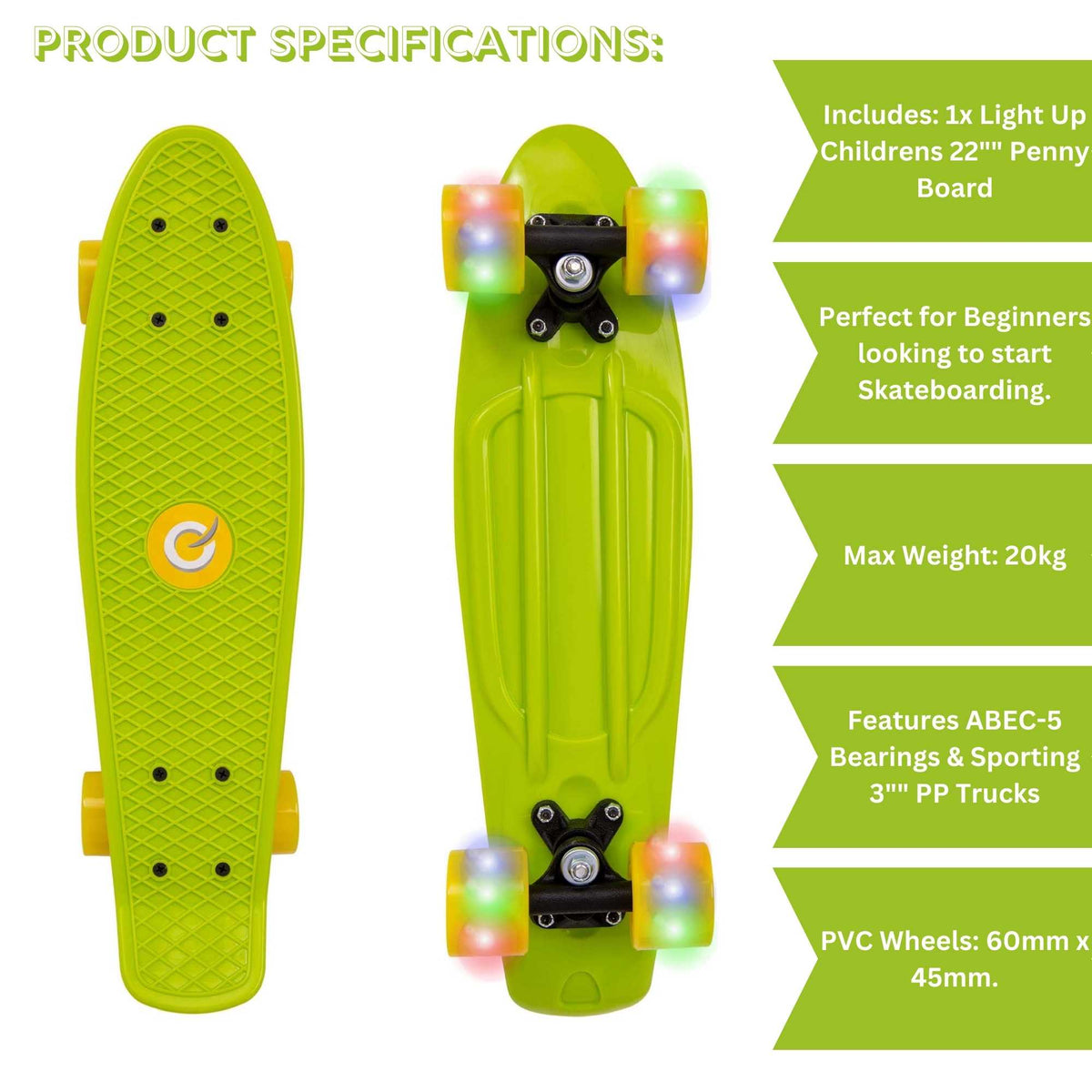 EVO Light-Up Penny Board - Lime &amp; Yellow Skateboards