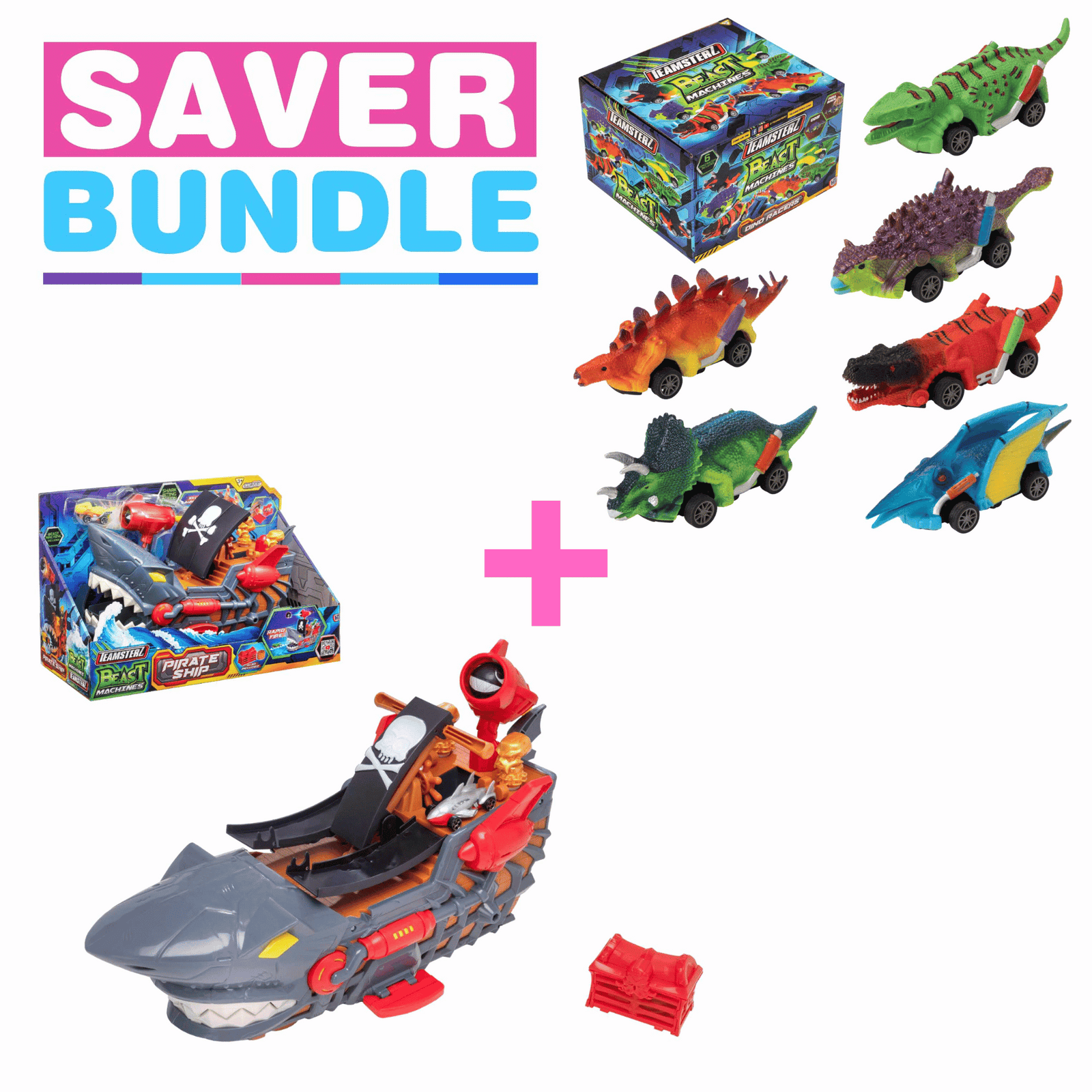 Teamsterz Pirate Ship Car Launcher + Teamsterz Beast Machine Pull-Back Dino Racers - Bundle