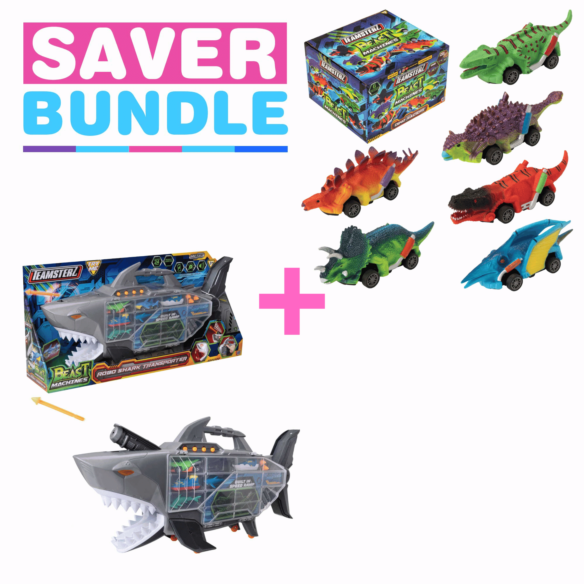 Teamsterz Beast Machines Robo Shark Transporter + Teamsterz Beast Machine Pull-Back Dino Racers  - Bundle Cars & Transporters