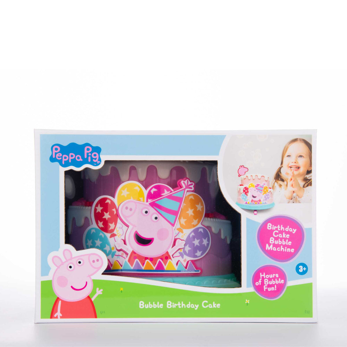 Peppa Pig Birthday Cake Bubble Machine featuring fun cake design, blowing bubbles for kids&#39; parties, playdates, and outdoor activities, perfect for Peppa Pig fans.