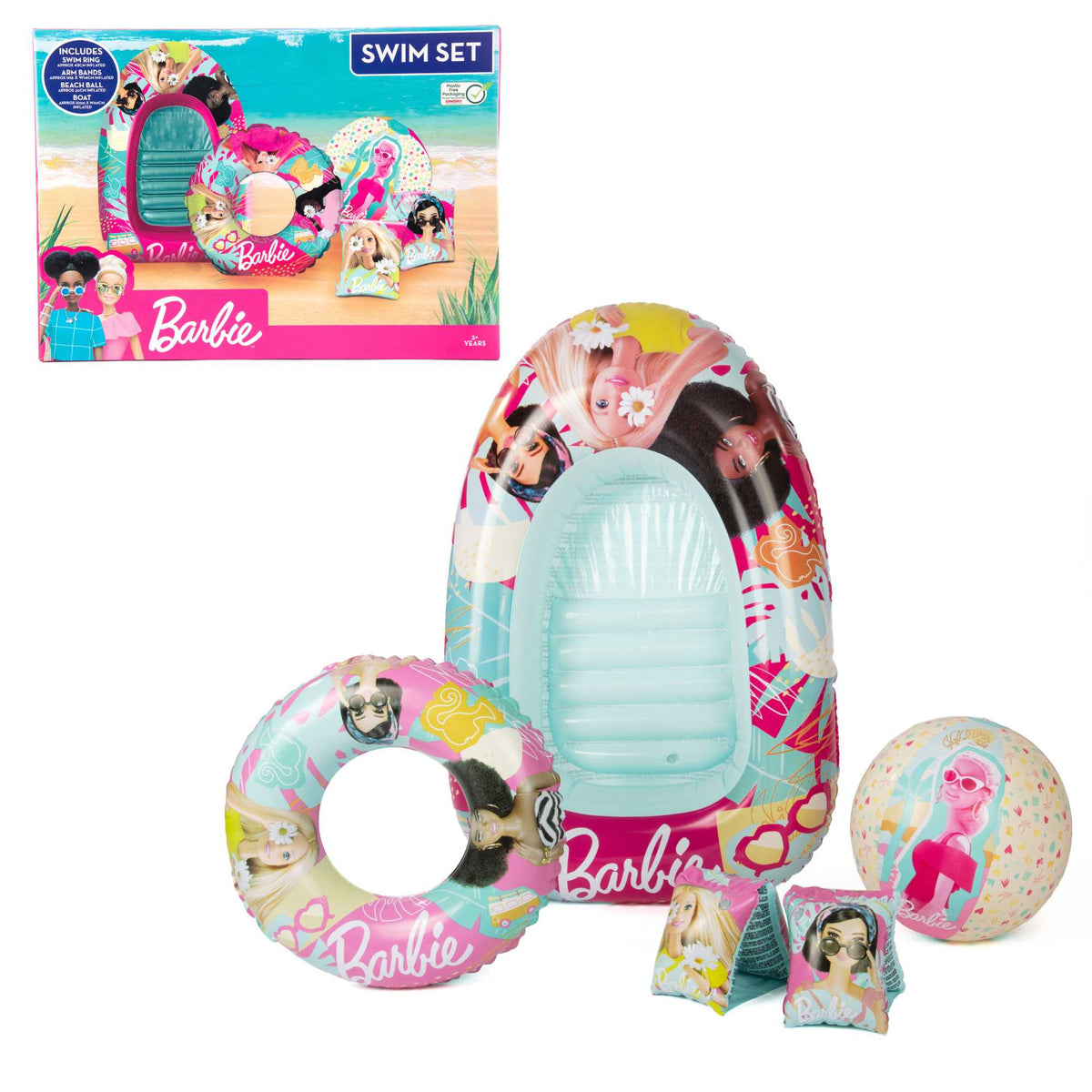 Barbie Swim Set including a vibrant swim ring, armbands, inflatable beach ball, and boat, featuring colorful Barbie designs, perfect for pool and beach fun for kids.