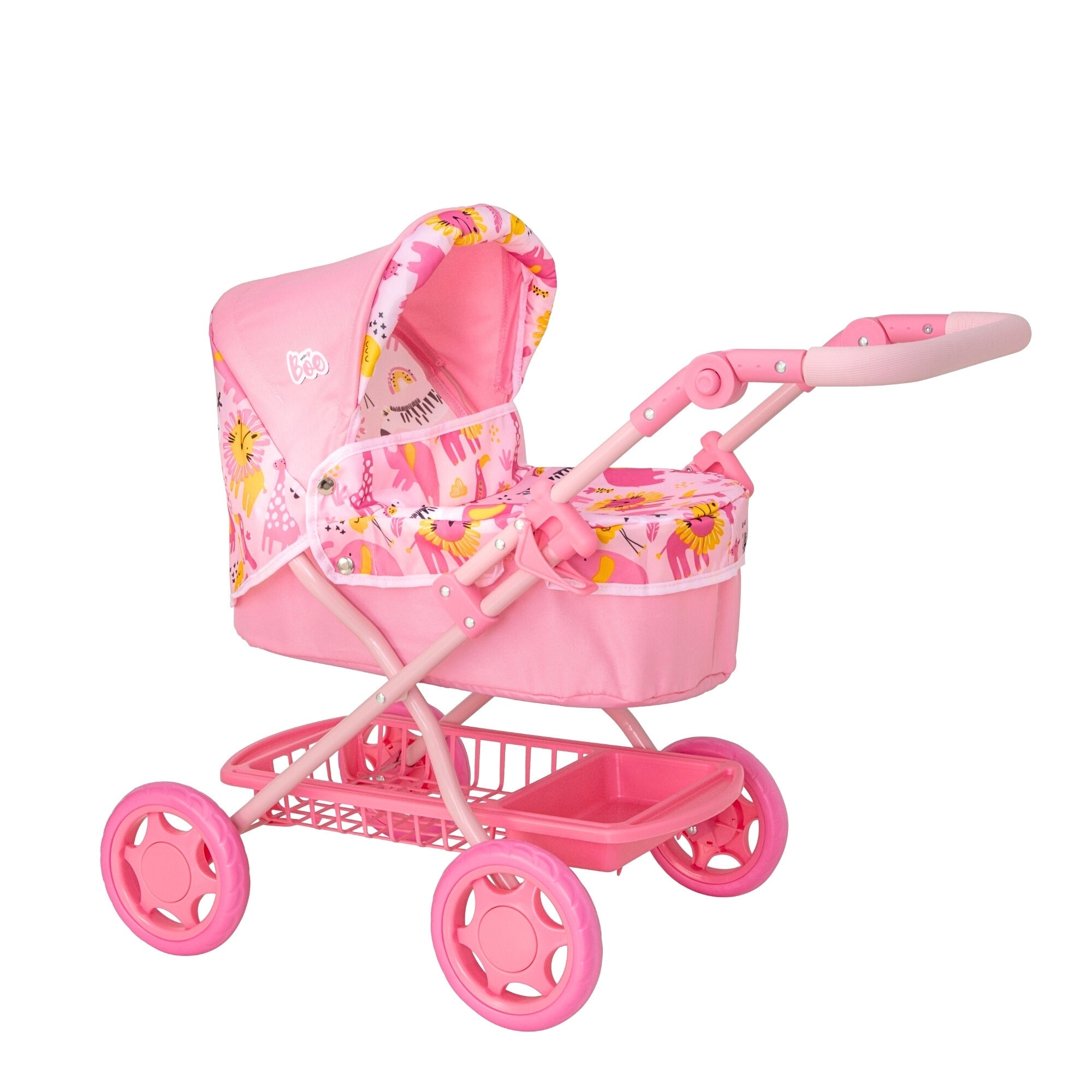 Pink doll stroller pram with jungle print for 3-7 year olds with under seat storage and adjustable handle height
