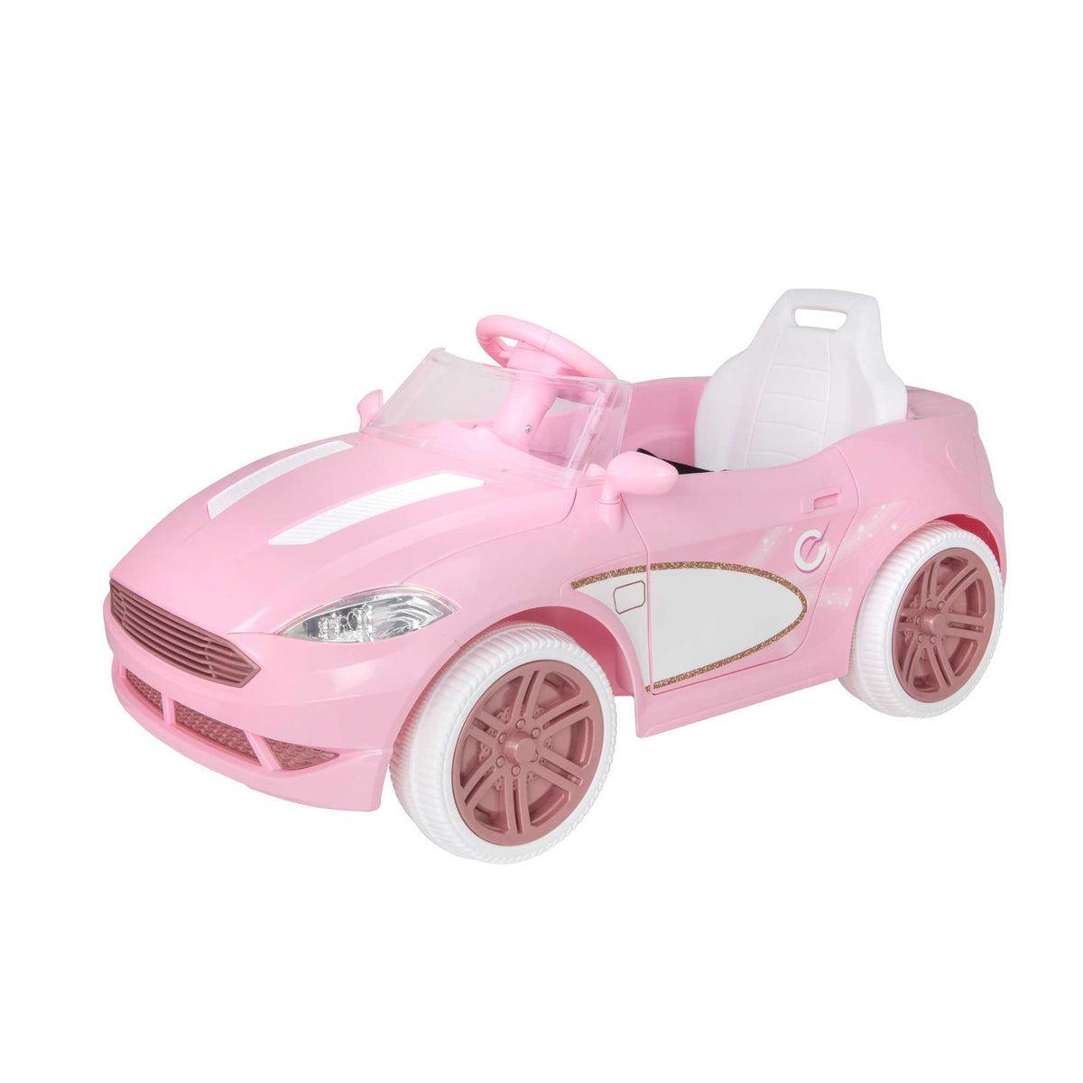 Pink EVO Dream Coupe Car Ride-On Toy for children aged 3+, featuring pedal-driven forward and reverse motion, working headlights, and authentic engine and horn sounds