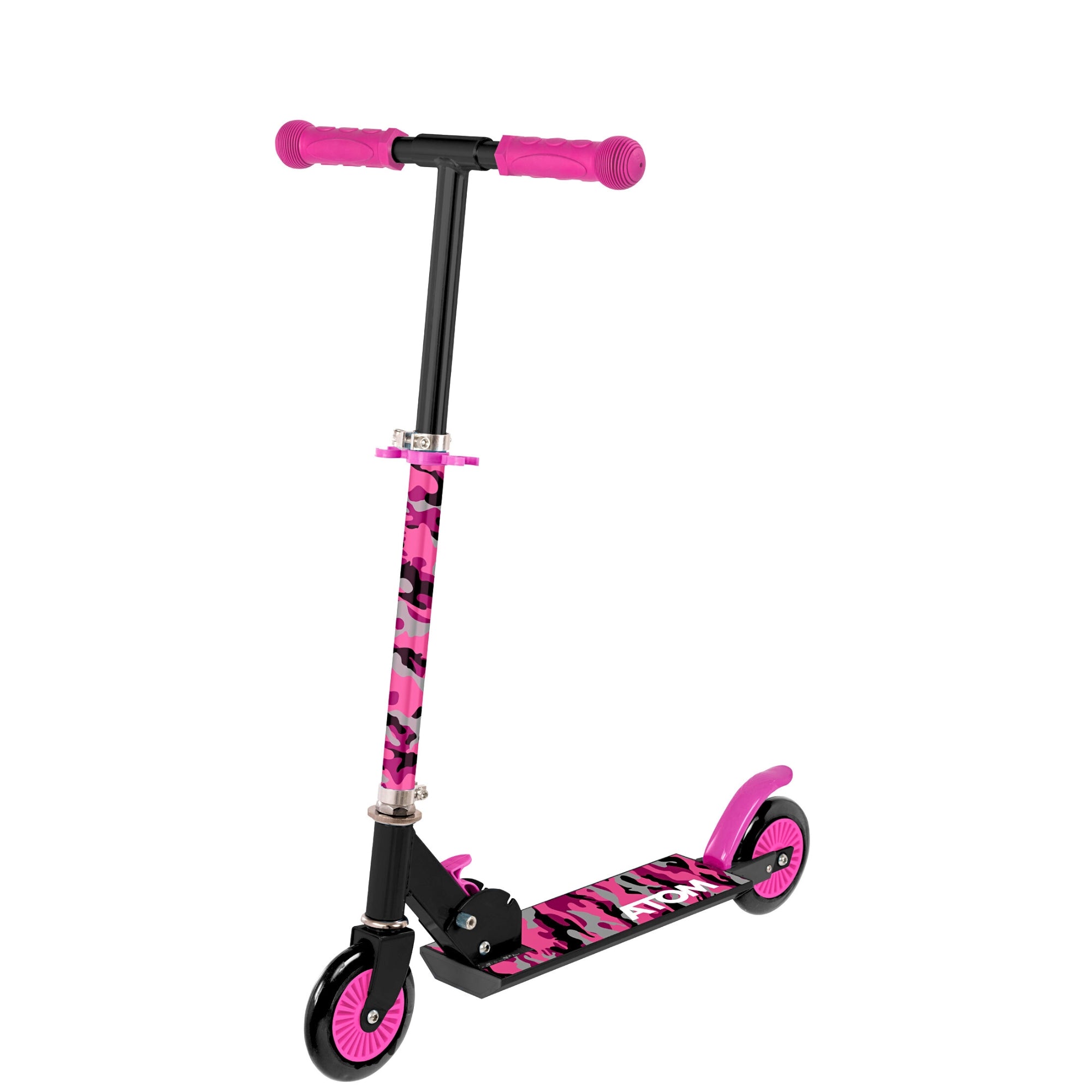 ATOM Light-Up Inline Scooter in Neochrome – 2-Wheel Folding Kids Scooter with LED Flashing Wheels, Adjustable Handlebar, and Rear Brake for Ages 5+