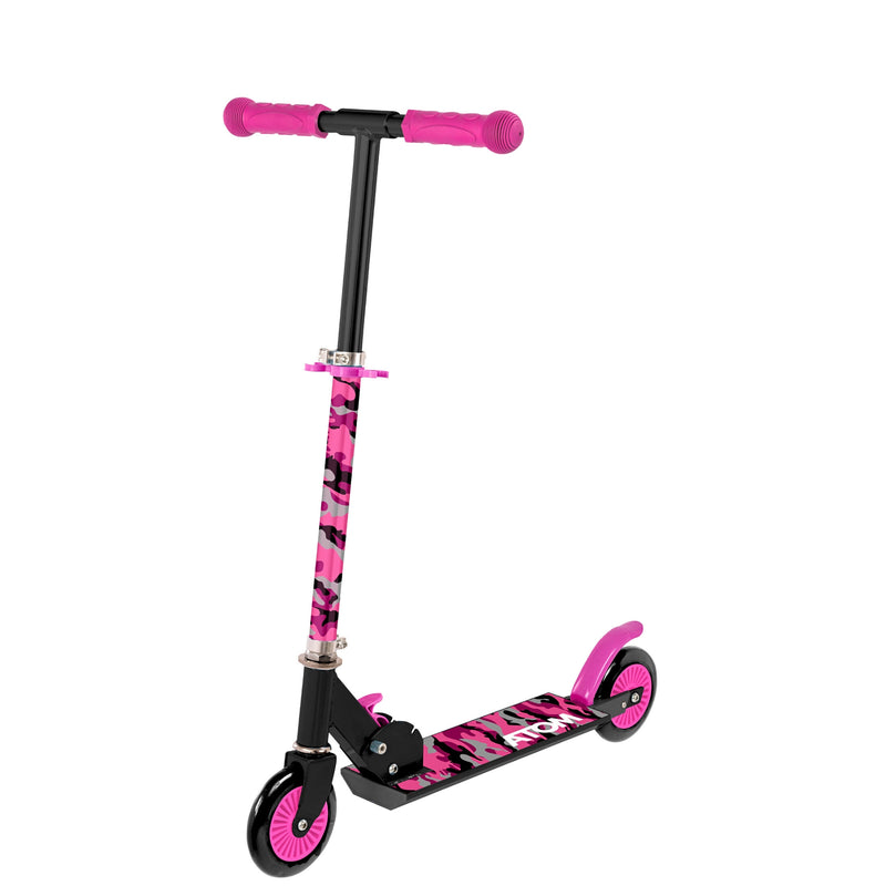 ATOM Light-Up Inline Scooter in Neochrome – 2-Wheel Folding Kids Scooter with LED Flashing Wheels, Adjustable Handlebar, and Rear Brake for Ages 5+