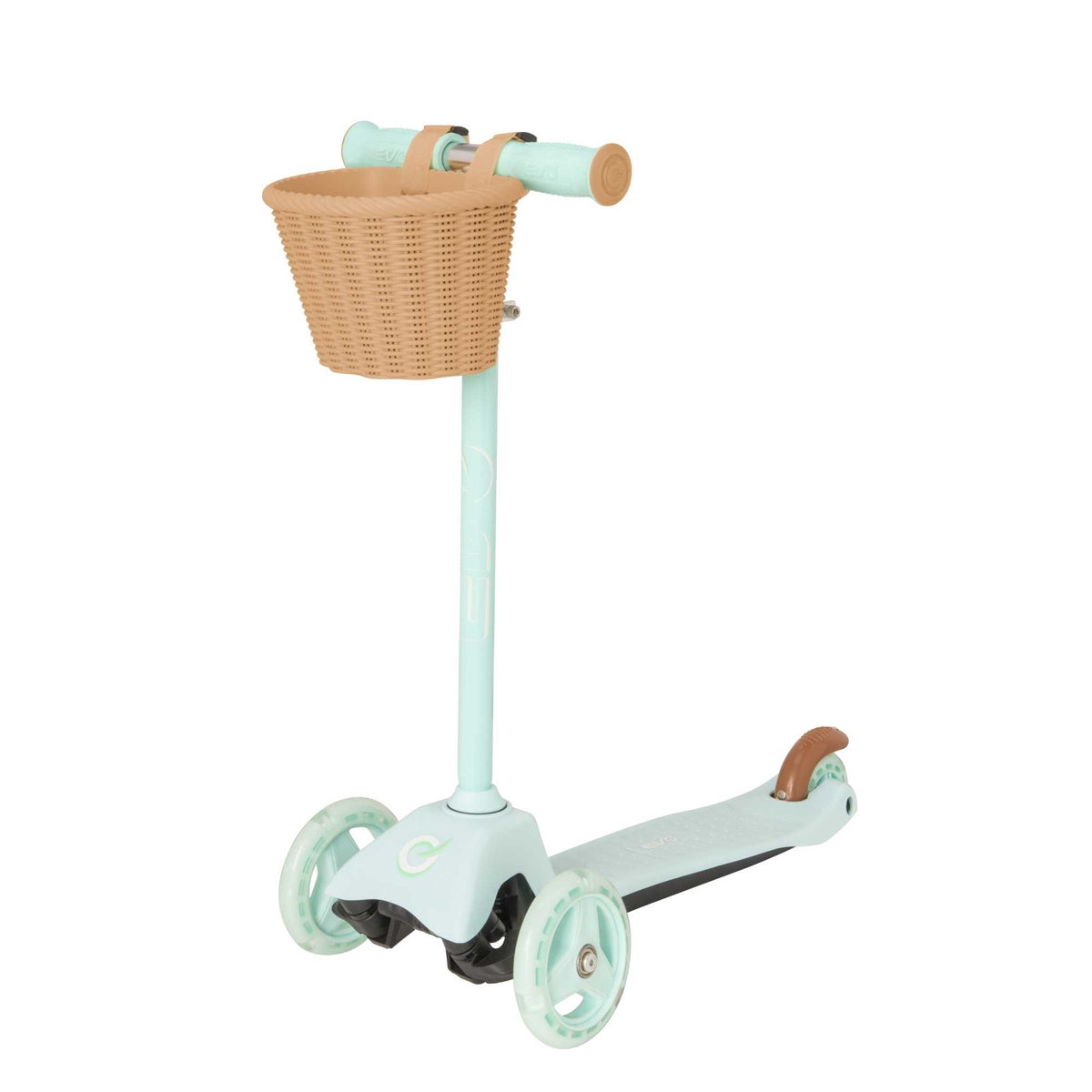 EVO Mini Cruiser Scooter with Basket, featuring a stable three-wheel design, adjustable handlebars, and lightweight, durable construction, perfect for young children’s outdoor adventures.