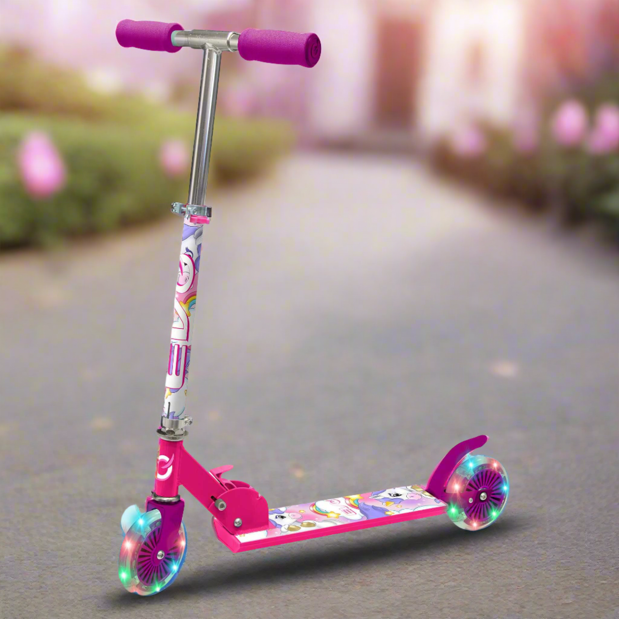 EVO Children's Light Up Inline Scooter for Kids Ages 5 and Up with LED Wheels and Adjustable Handlebar, perfect for enhancing motor skills and outdoor fun.