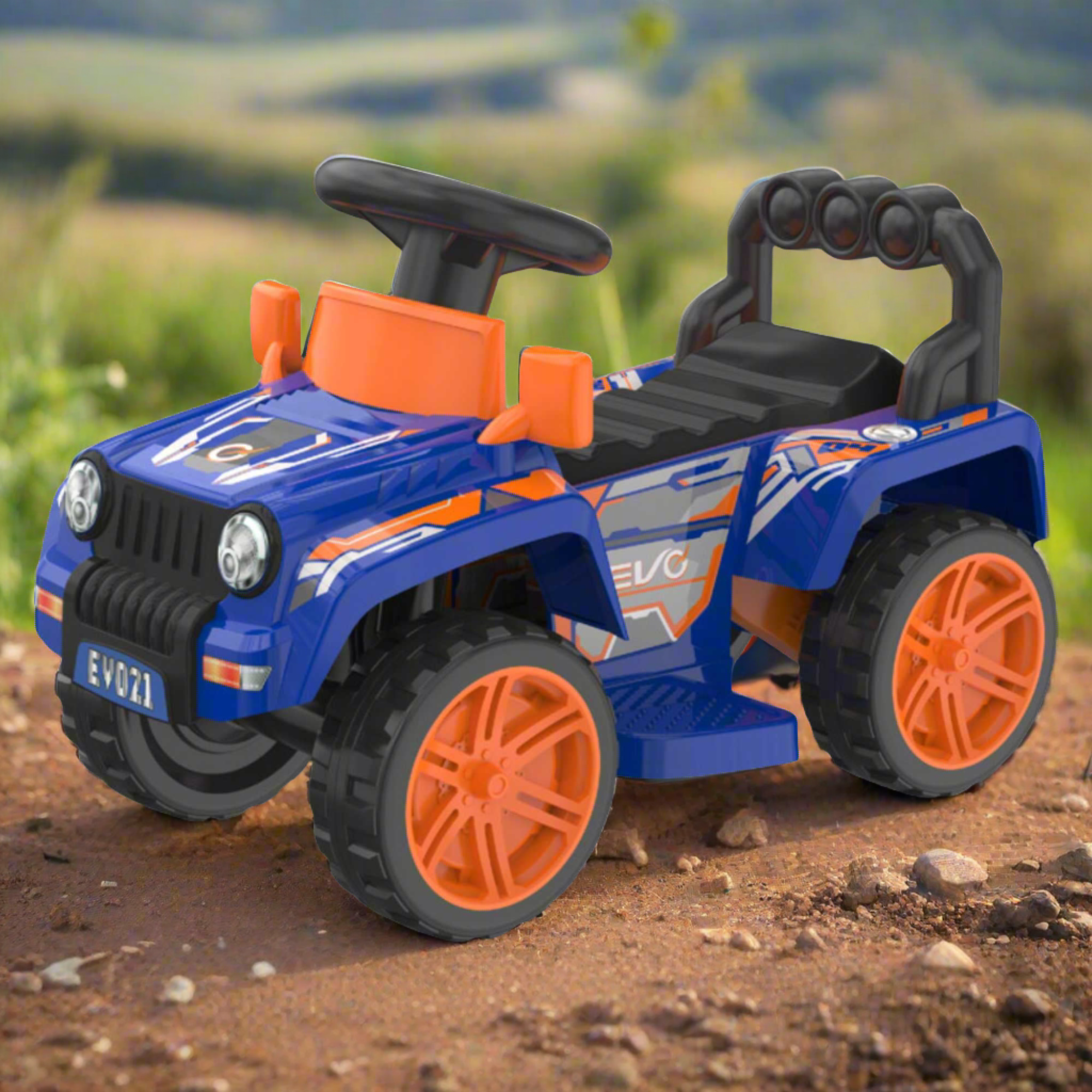 Blue EVO Zoom 4x4 Ride-On Truck for kids ages 3 and up, featuring realistic design, durable construction, and all-terrain wheels for outdoor adventures.