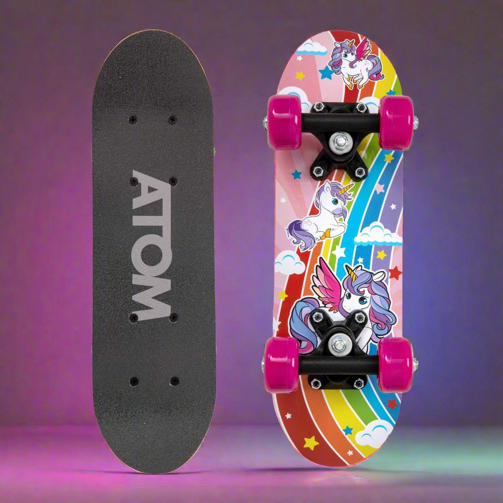 ATOM 17-inch Children&#39;s Skateboard with a vibrant graphic design, durable deck, and smooth-rolling wheels, ideal for young beginners learning to skateboard.