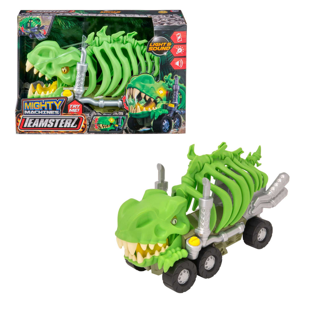 Teamsterz Beast Machine T-Rex Rib Cage Car Transporter Toy with light-up yellow eyes, chomping jaw, rear ramp, and car-holding rib cage.