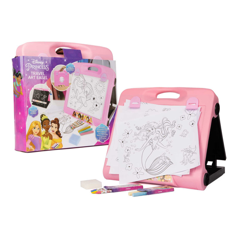 Disney Princess Art Easel featuring double-sided chalkboard and colouring pages with beloved Disney princess characters, and included art supplies for kids' creative play and learning.