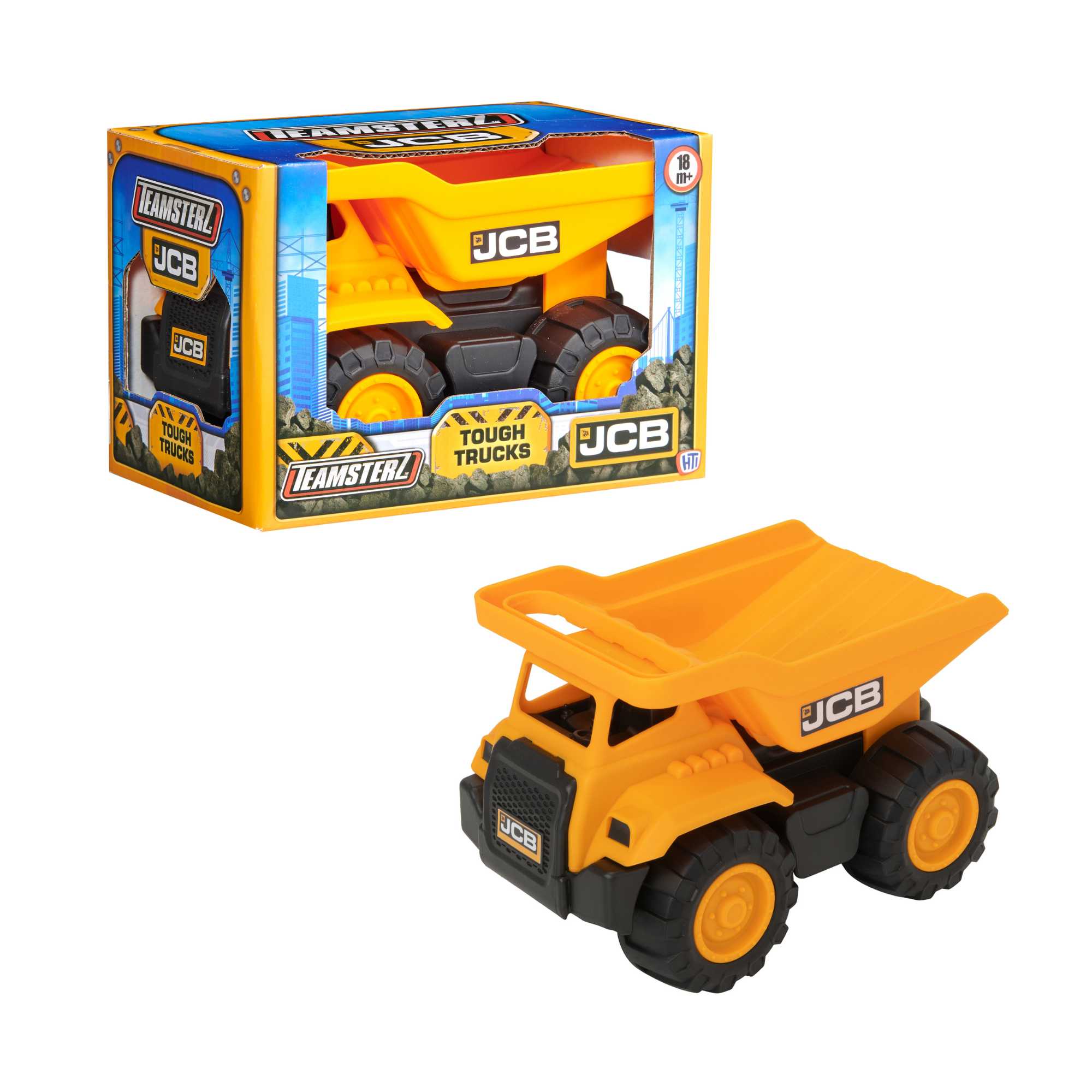 7-inch JCB Dump Truck Toy featuring realistic design, rugged wheels, and a functional dump bed, perfect for indoor and outdoor play for children.