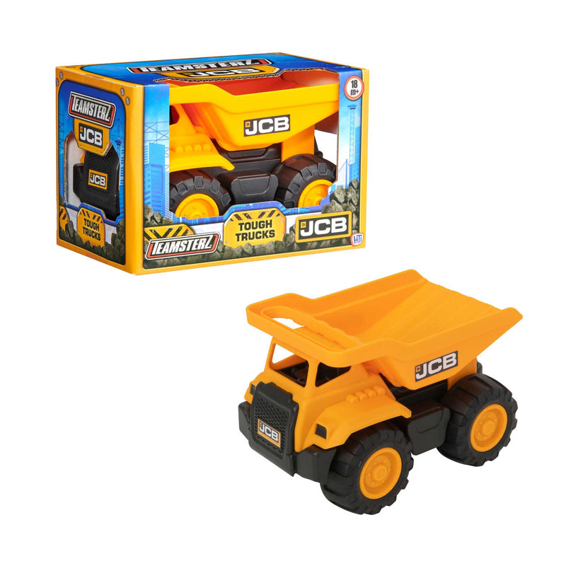 7-inch JCB Dump Truck Toy featuring realistic design, rugged wheels, and a functional dump bed, perfect for indoor and outdoor play for children.