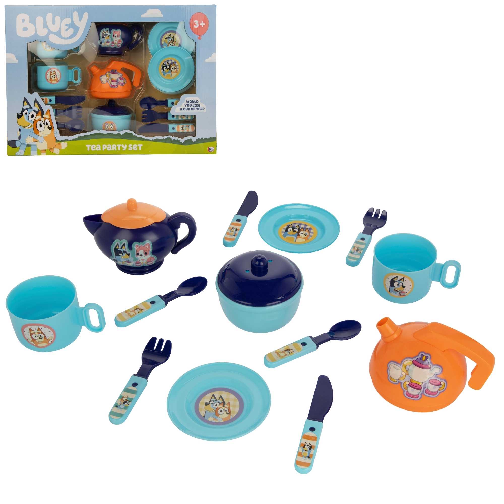 Bluey Tea Party Set for Kids – 11 Piece Pretend Play Set with Cups, Saucers, Teapot, Kettle, Cutlery, and Sugar Pot, Durable Plastic Play Set for Toddlers and Pre-schoolers